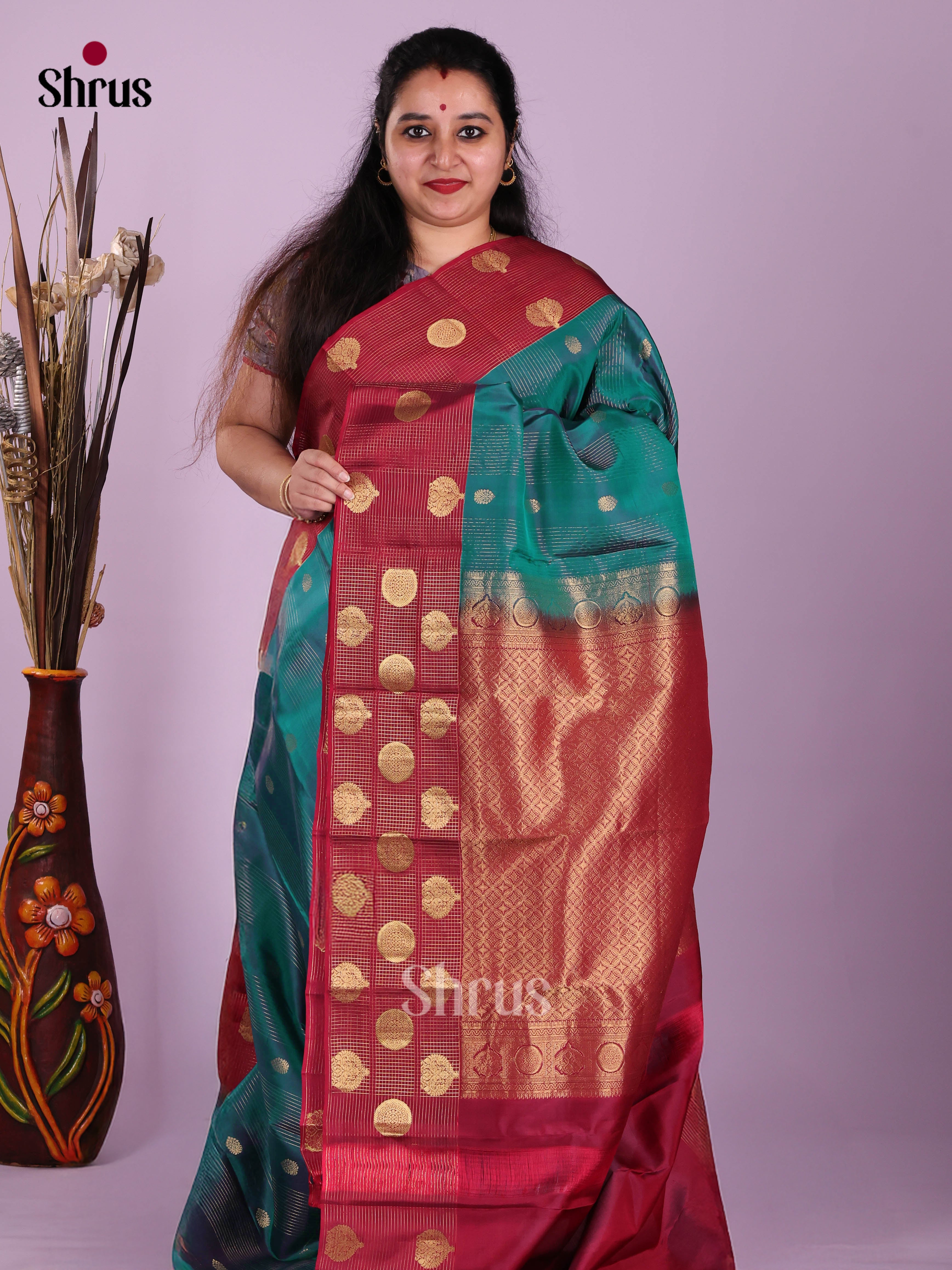 Peacock Green & Maroon - Kanchipuram-halfpure Saree