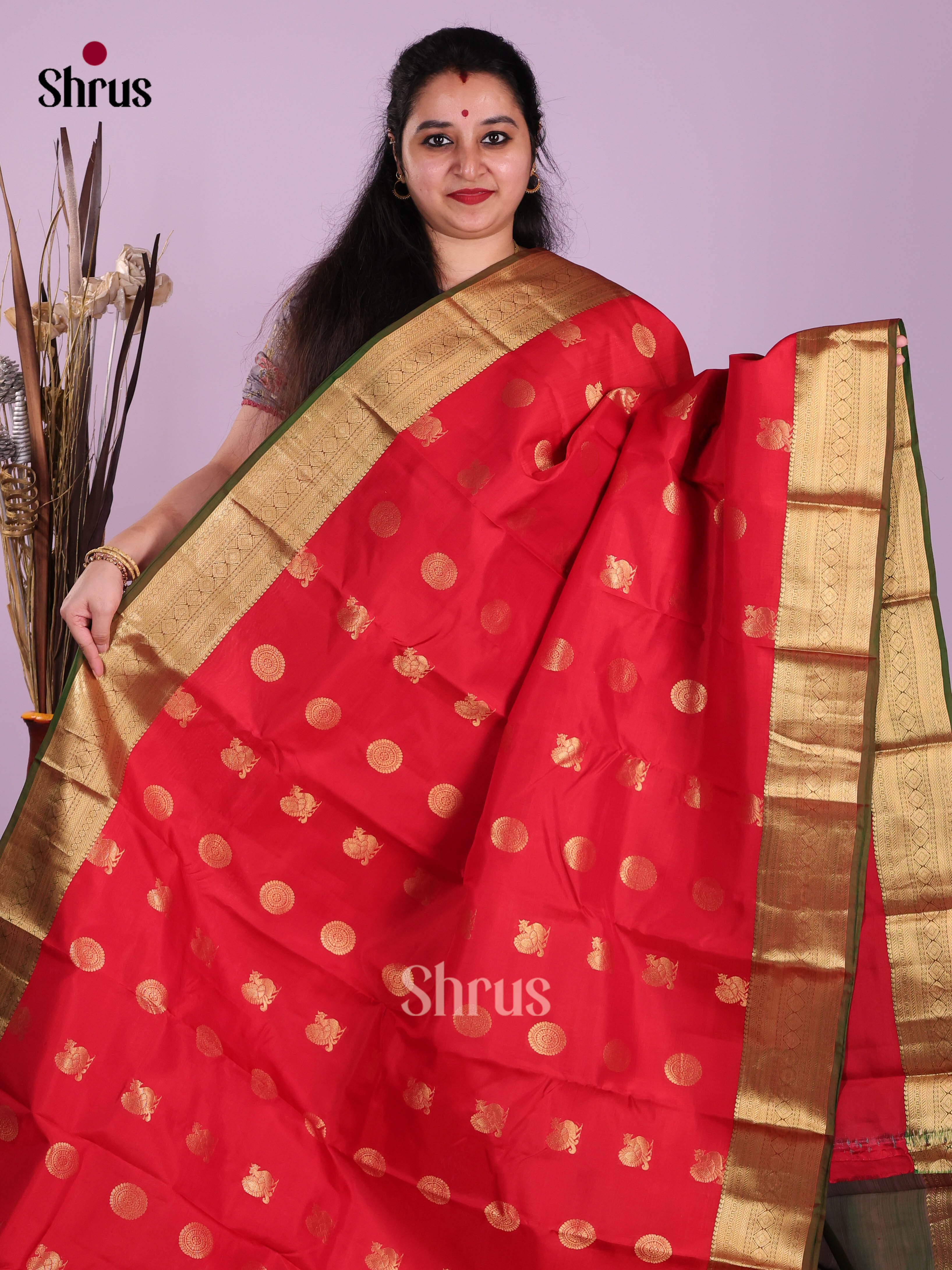 Red & Double Shaded Green- Kanchipuram-halfpure Saree