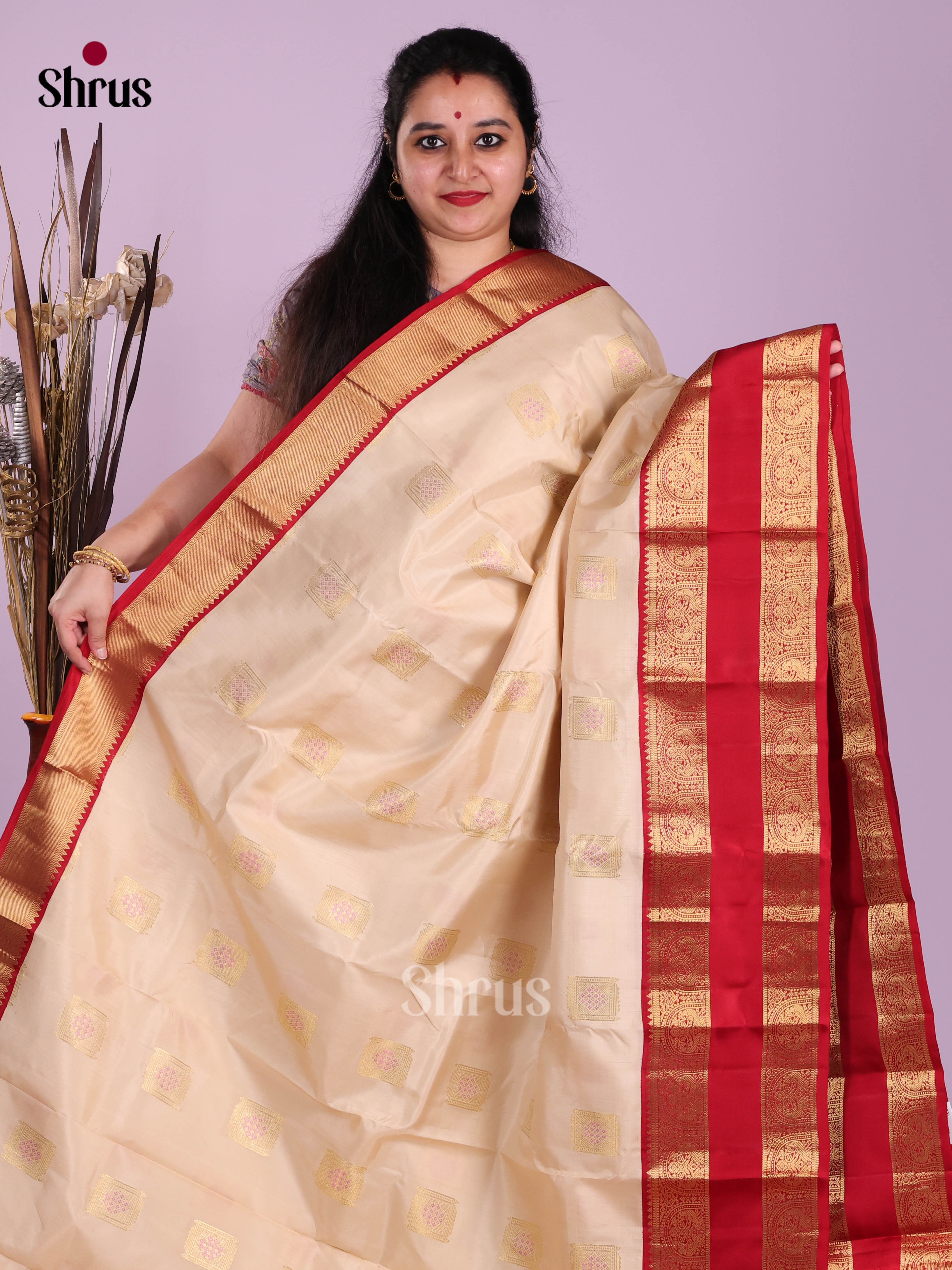 Cream & Red - Kanchipuram-halfpure Saree