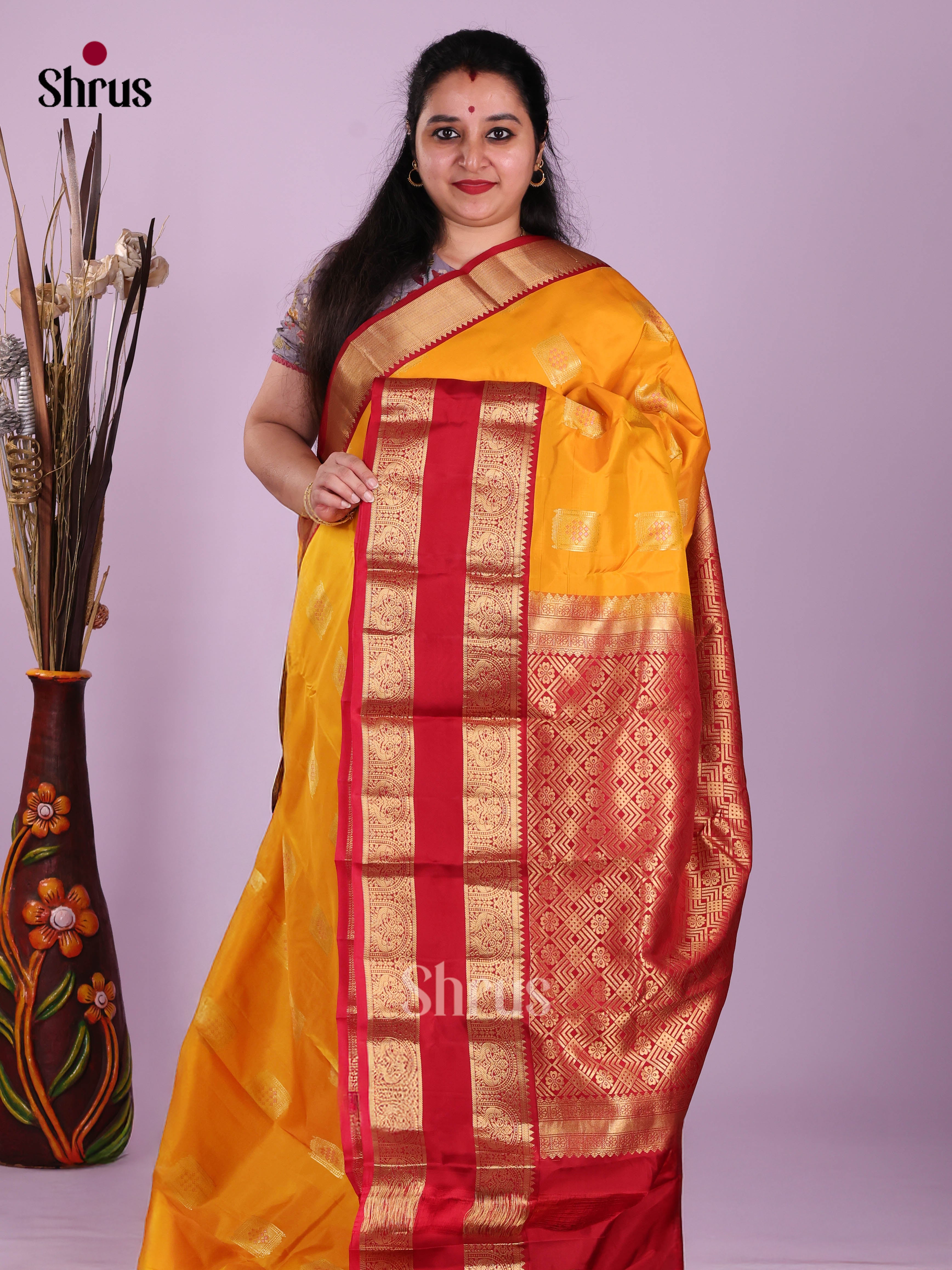 Yellow & Red - Kanchipuram-halfpure Saree