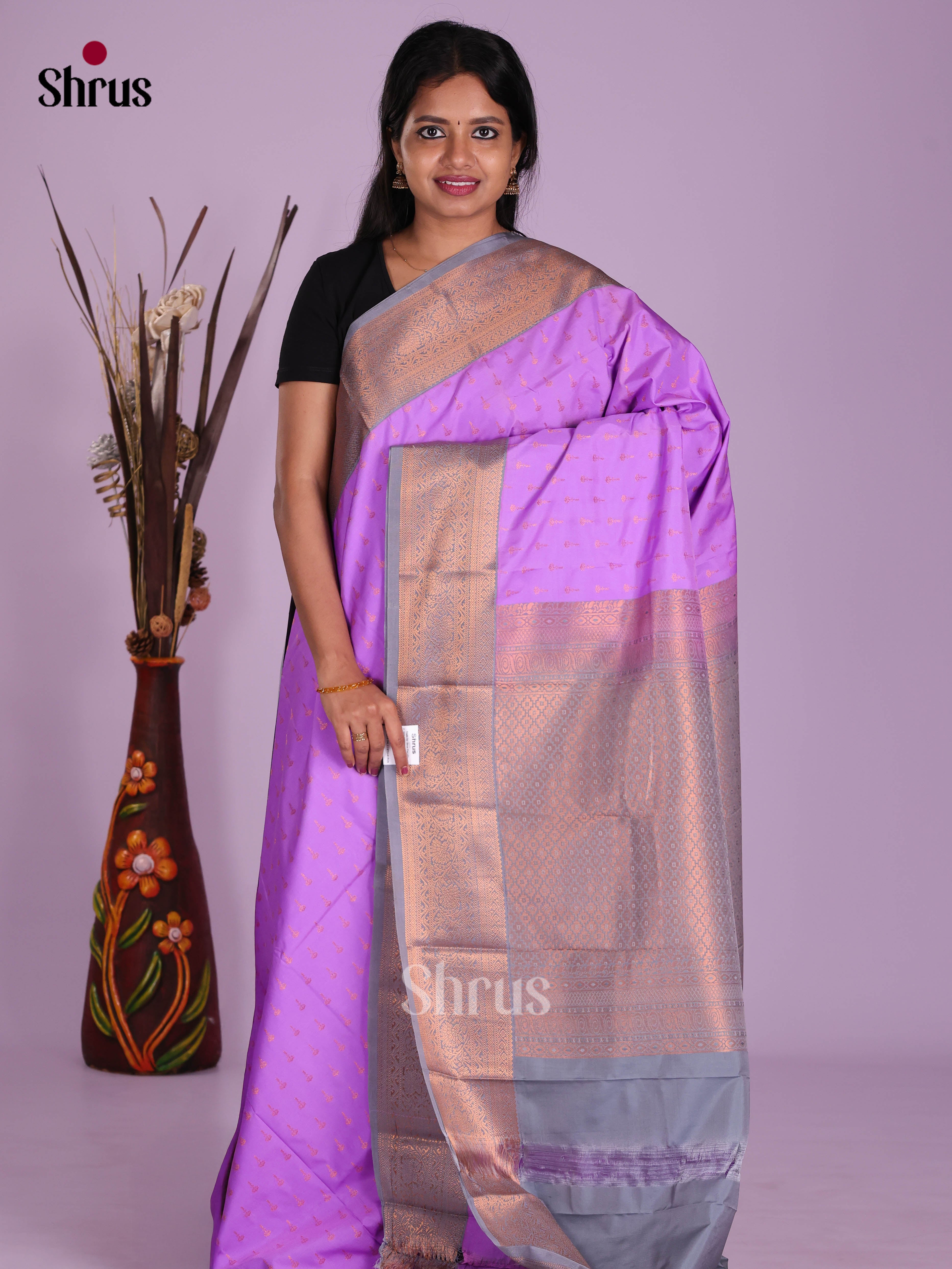 Lilac & Grey - Semi Kanchipuram Saree - Shop on Shrus.com