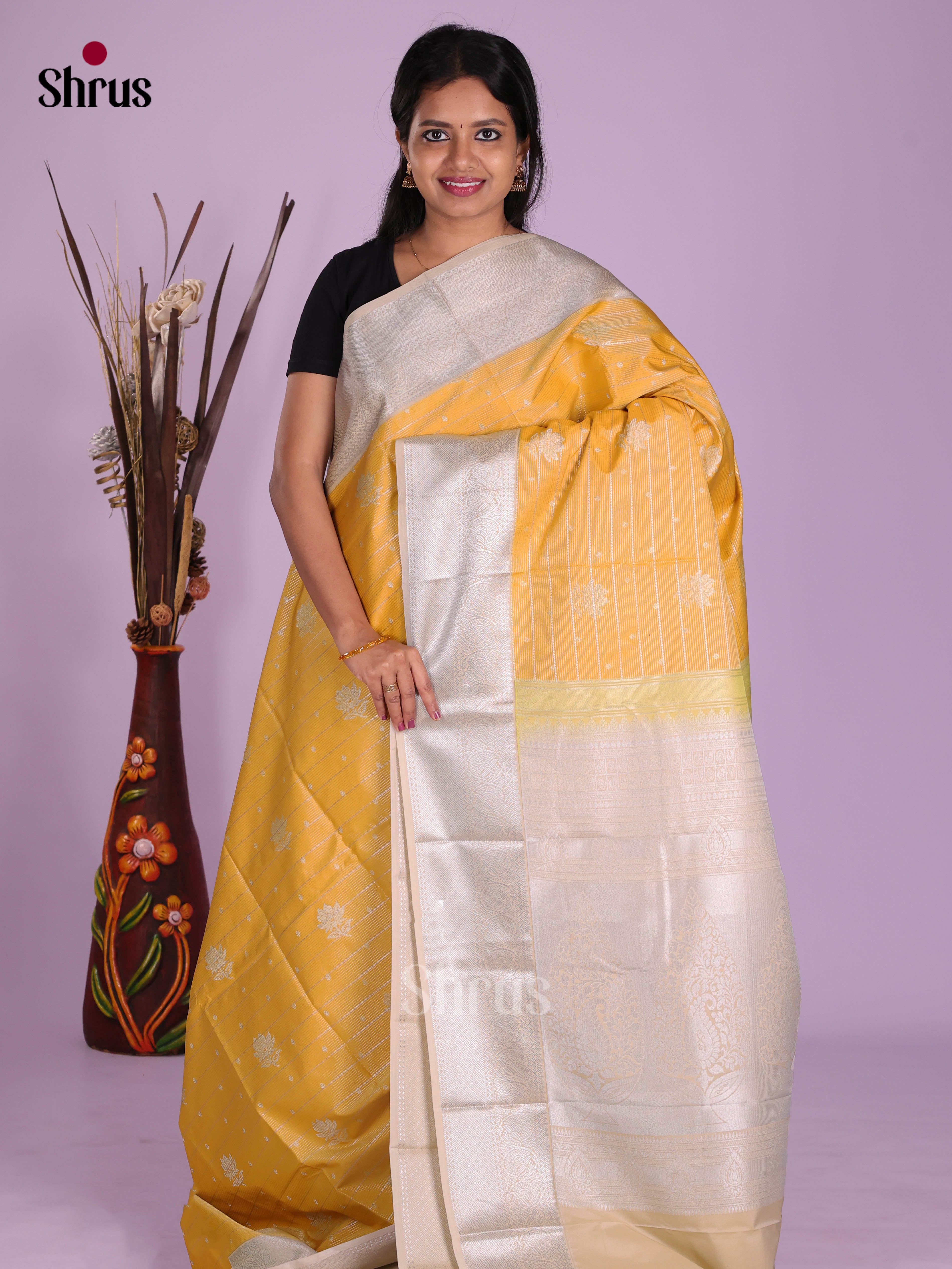 Yellow & Grey- Semi Kanchipuram Saree