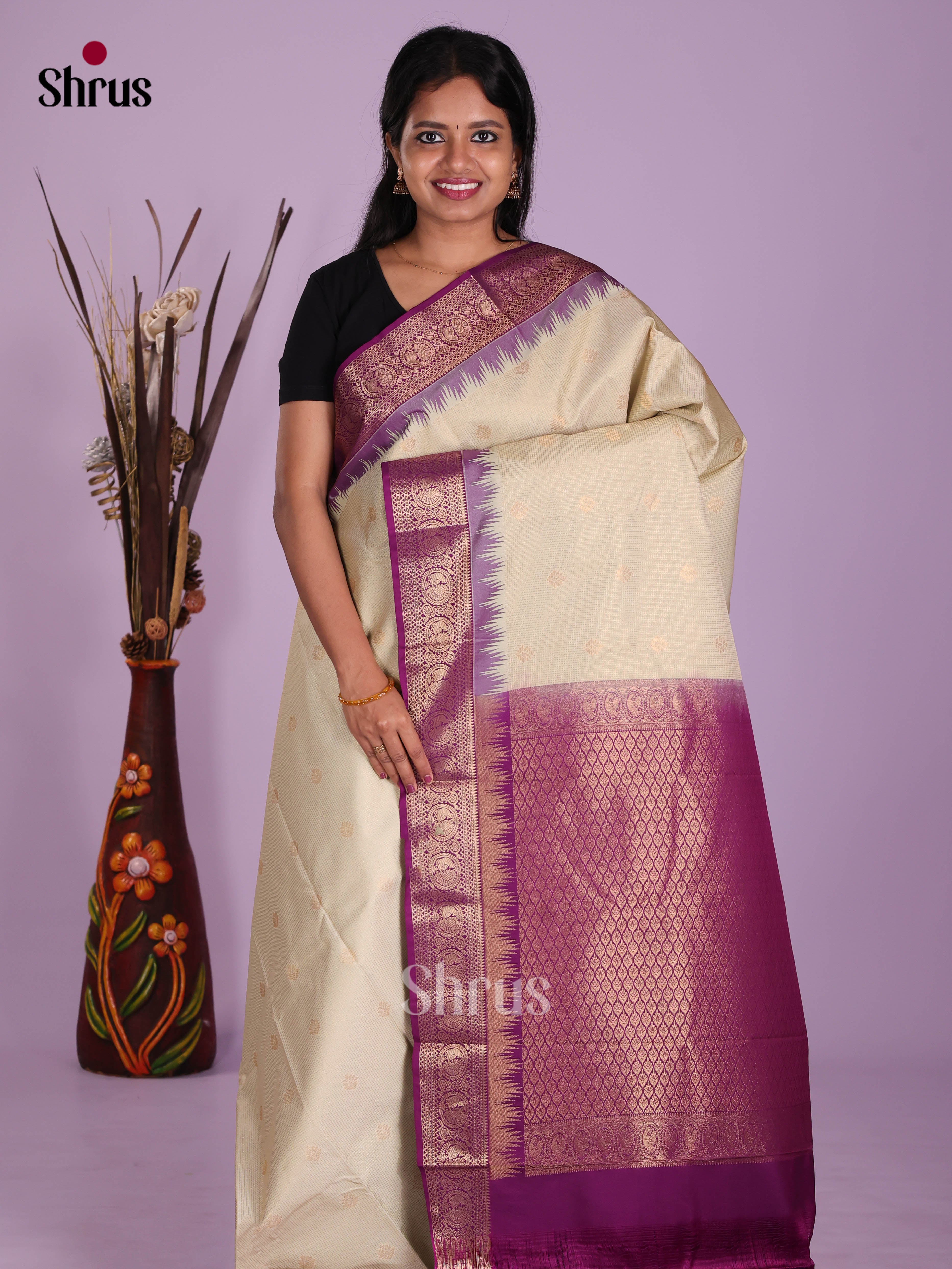 Grey & Violet - Semi Kanchipuram Saree