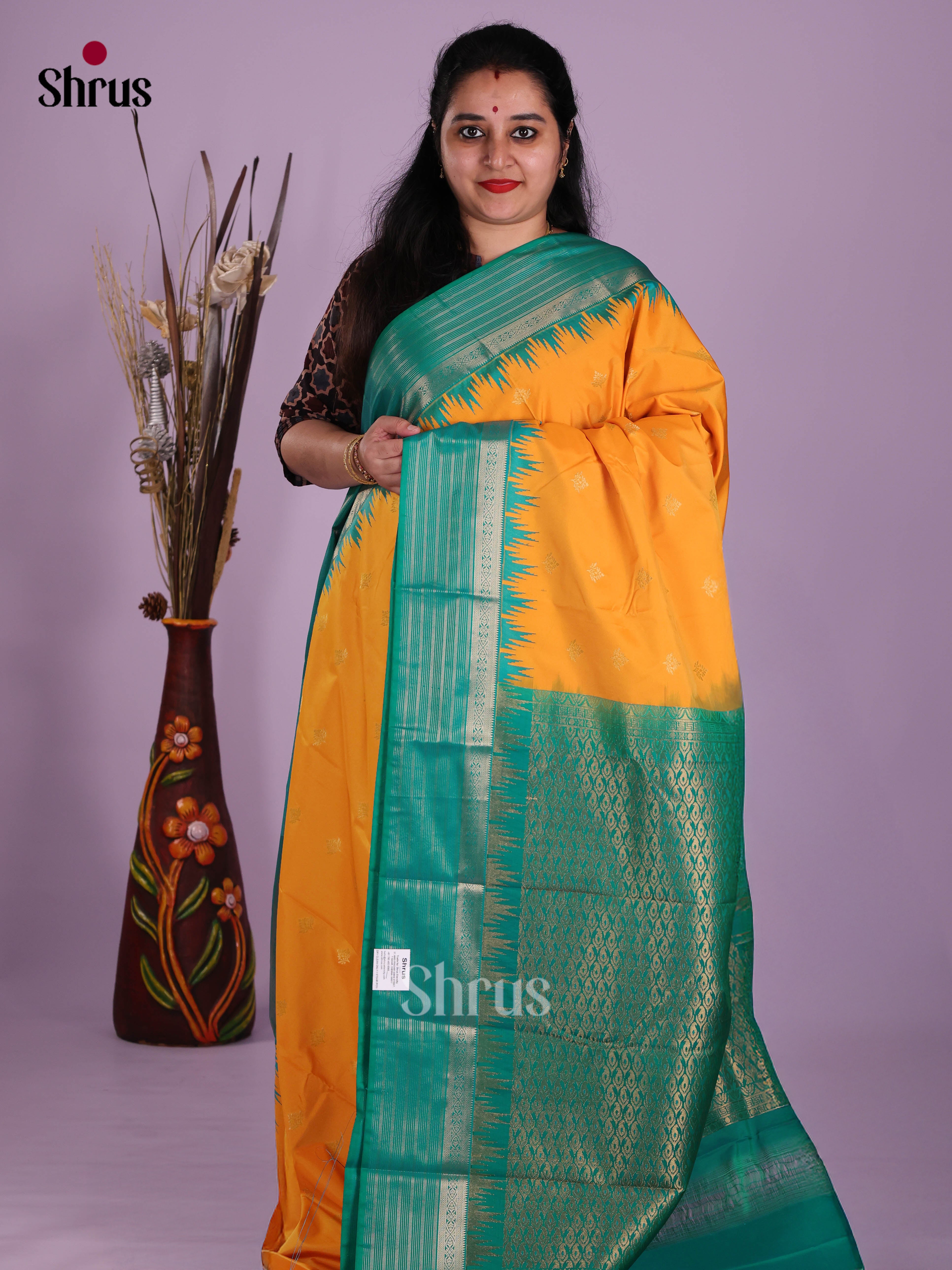 Mambazha Yellow & Green - Semi Kanchipuram Saree