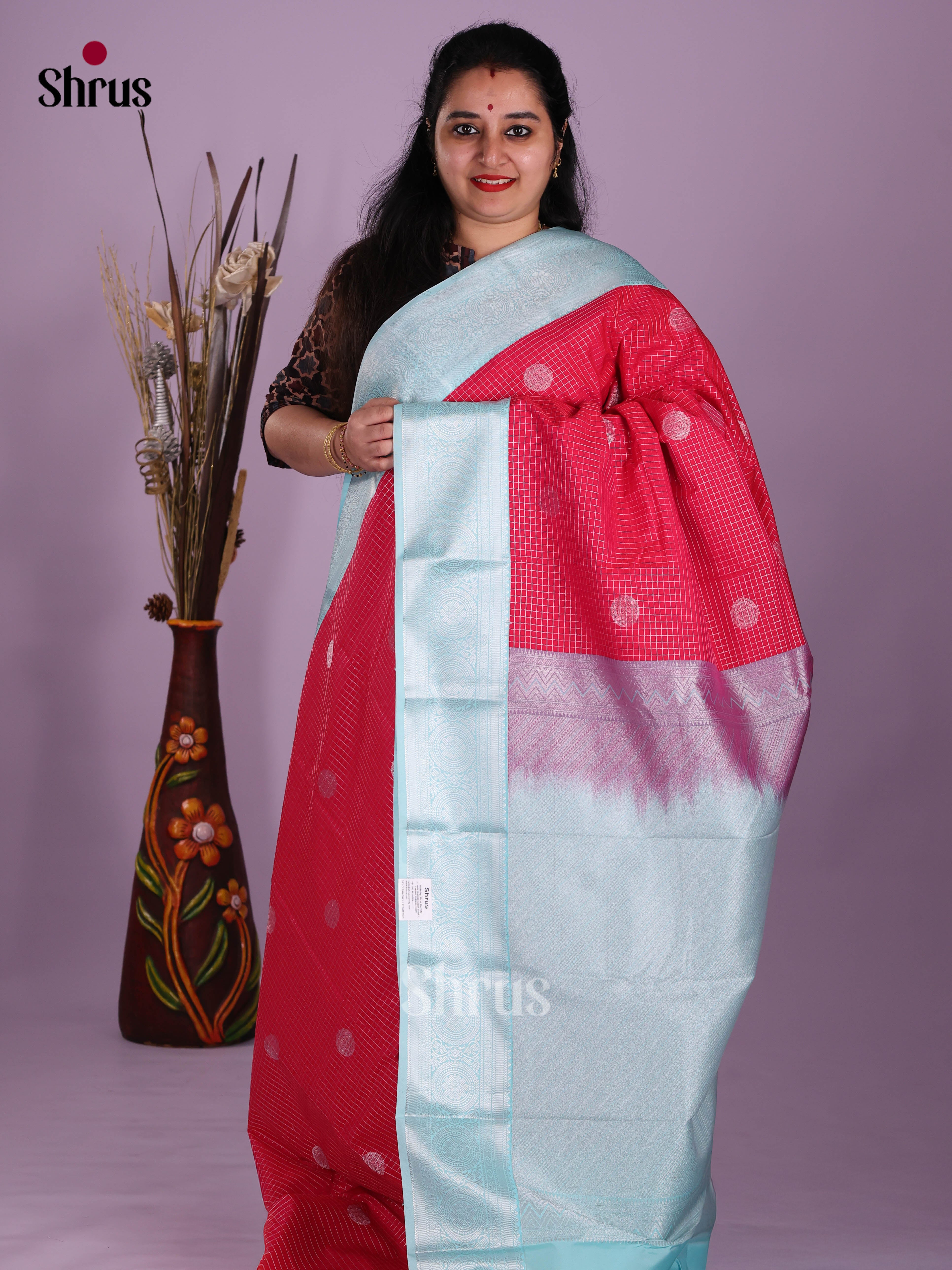 Red & Light Blue- Semi Kanchipuram Saree