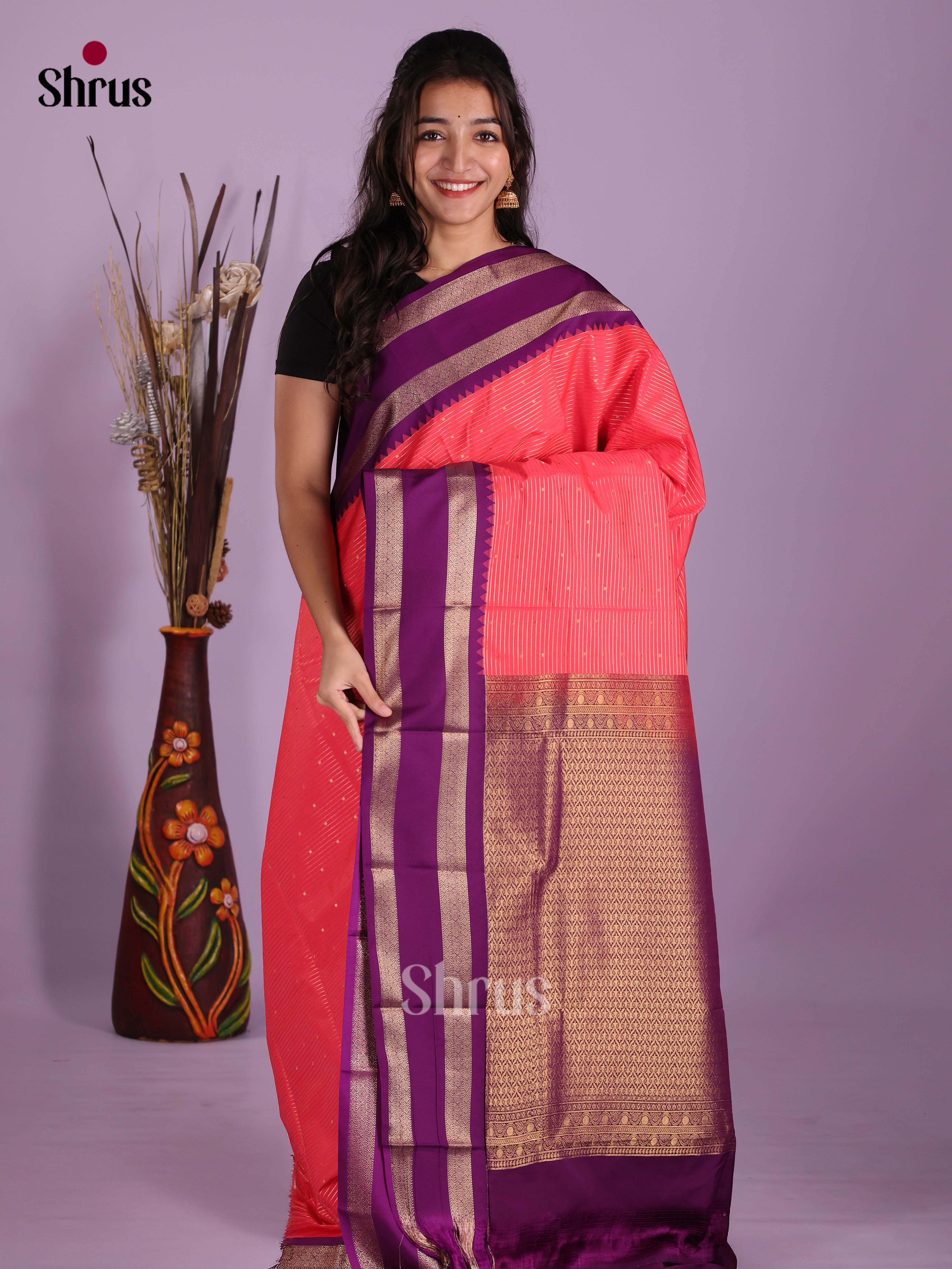 Orangish Pink & Violet - Semi Kanchipuram Saree - Shop on Shrus.com