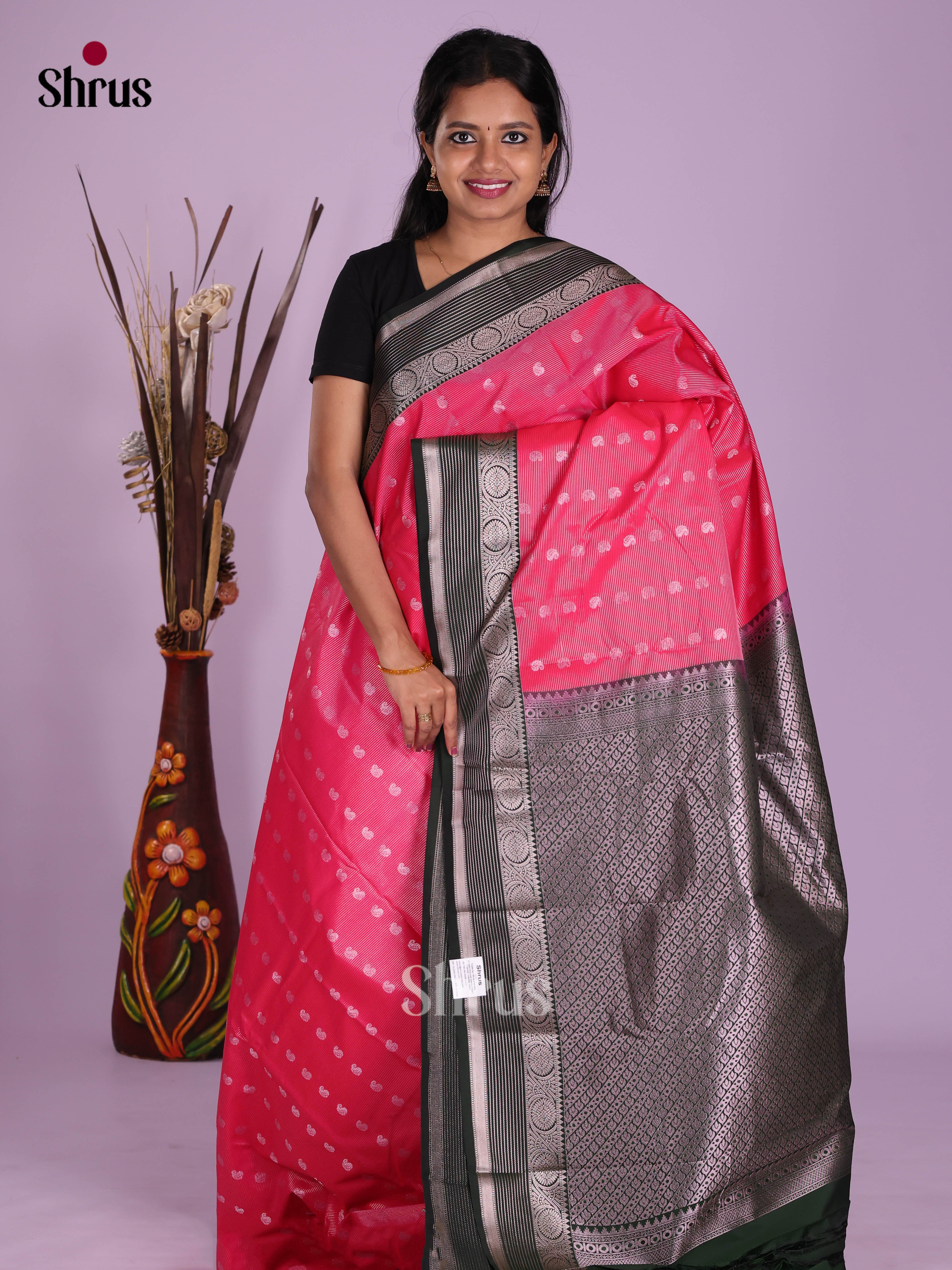 Pink & Green- Semi Kanchipuram Saree - Shop on Shrus.com