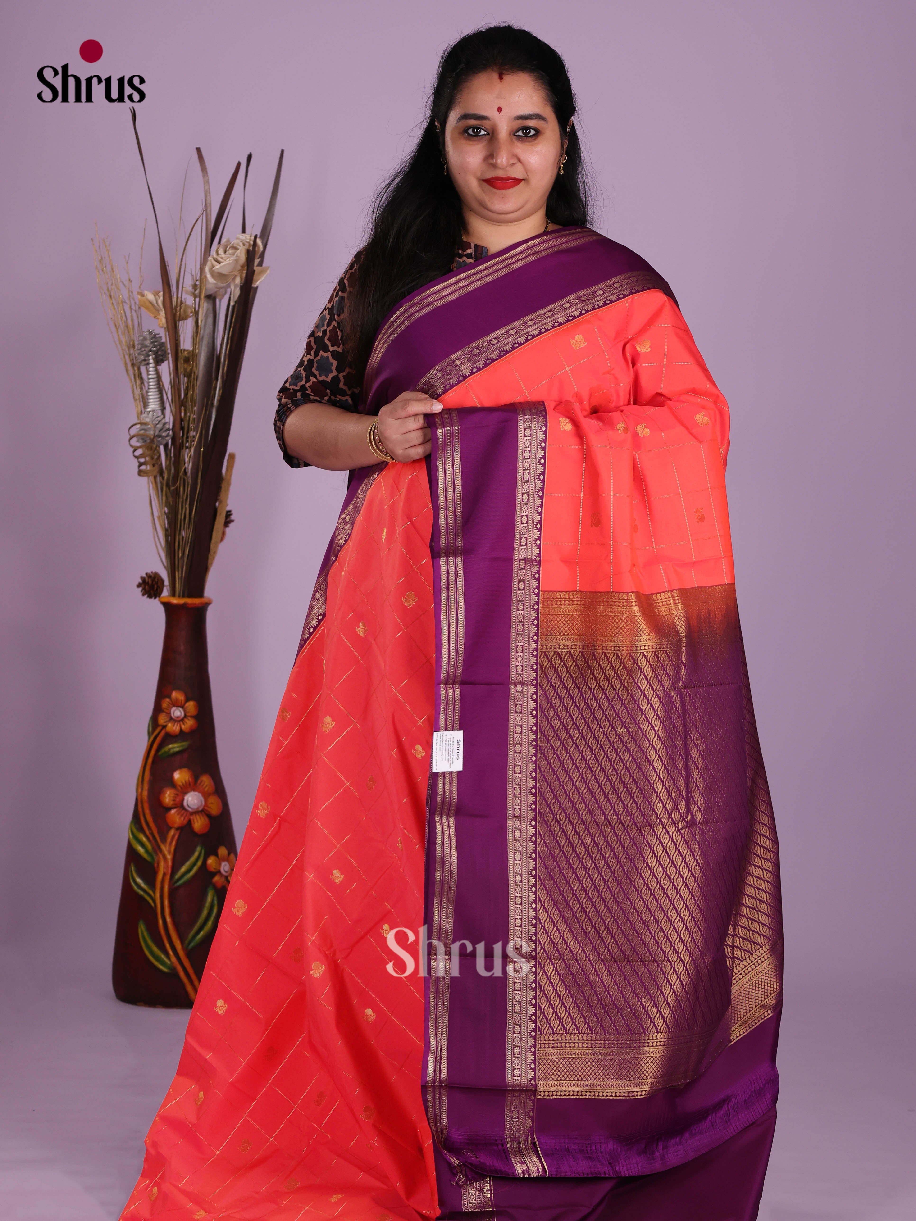Orangish Pink & Purple - Semi Kanchipuram Saree