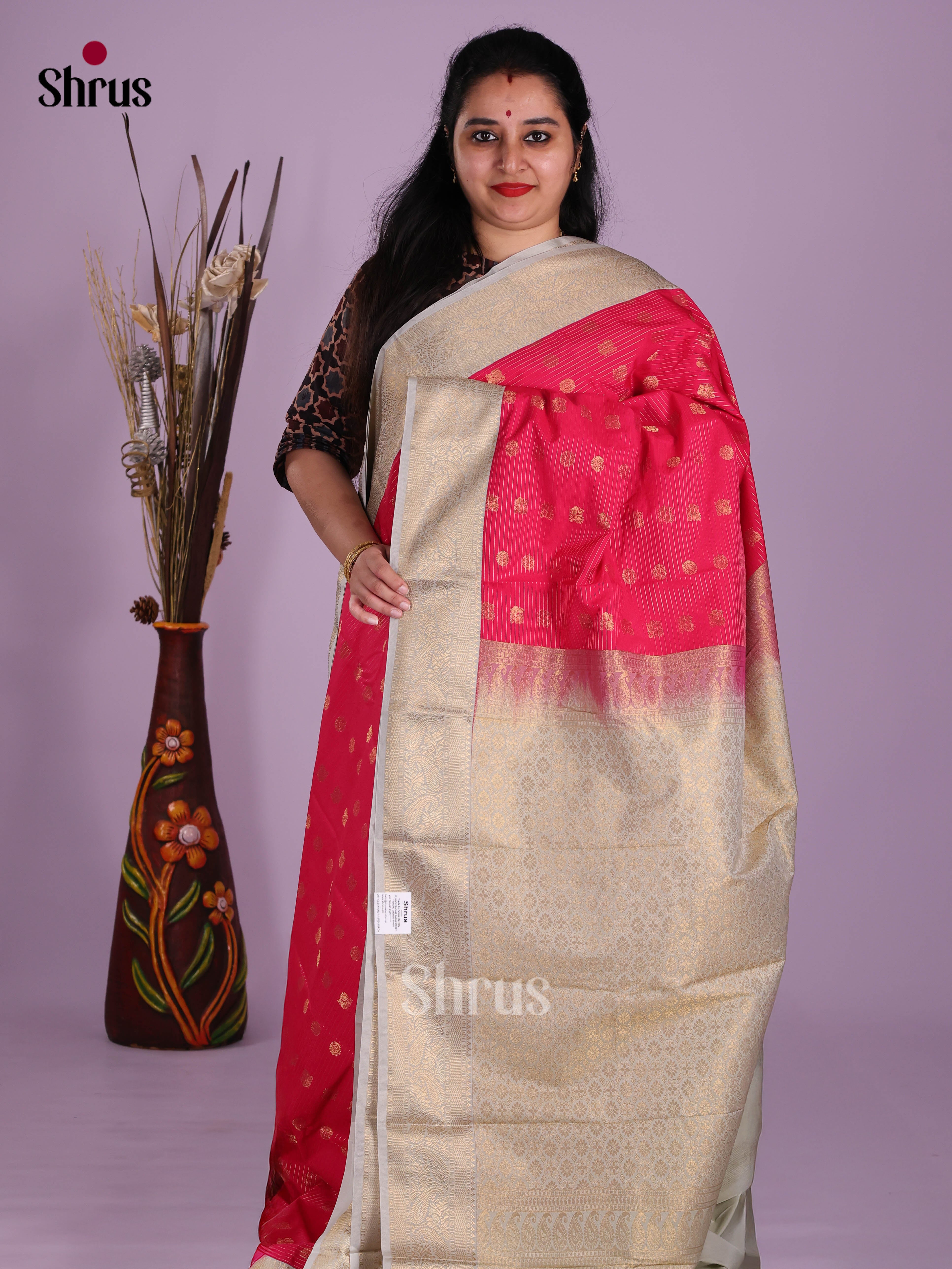 Pink & Grey - Semi Kanchipuram Saree