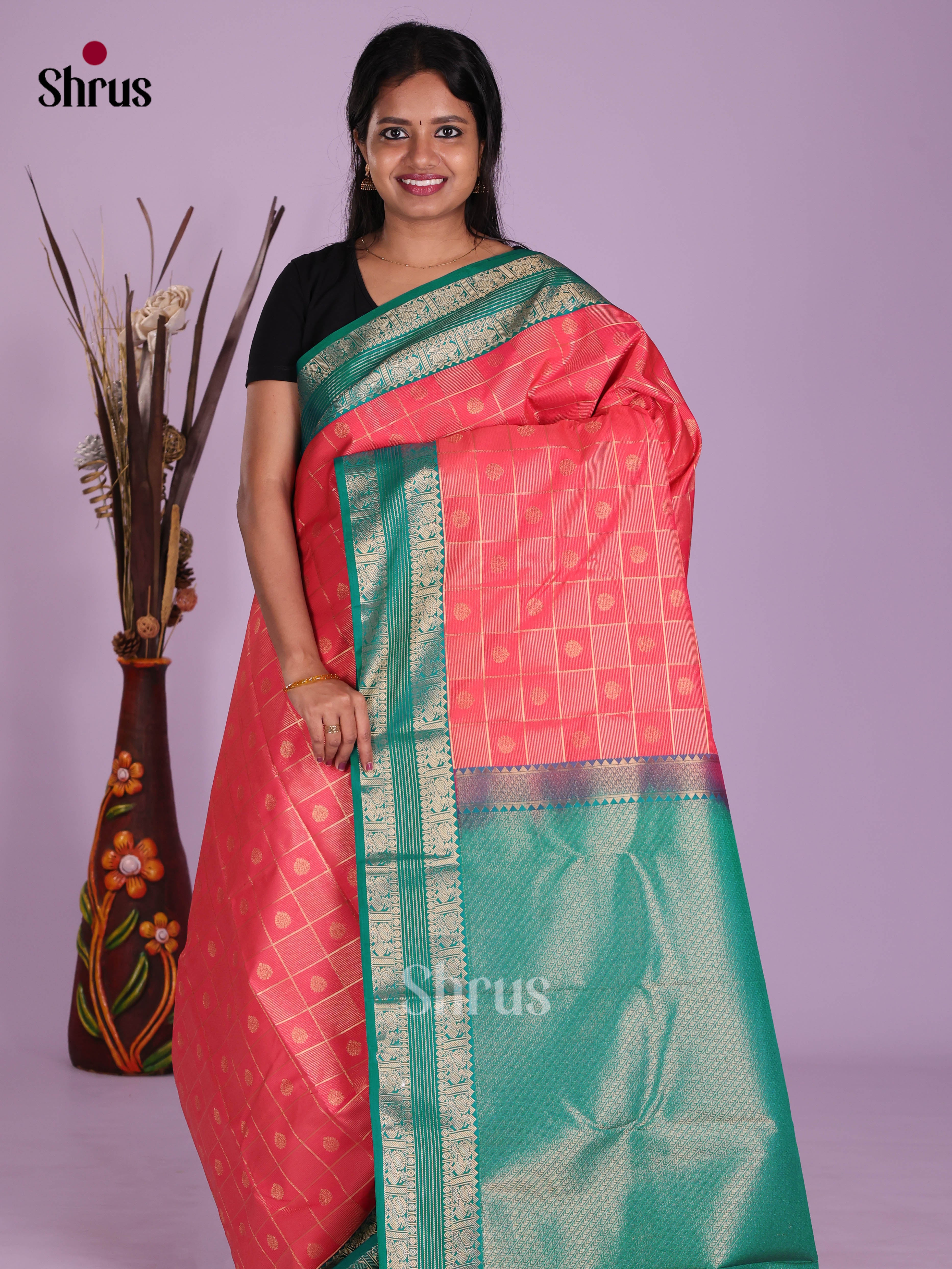 Pink & Green - Semi Kanchipuram Saree