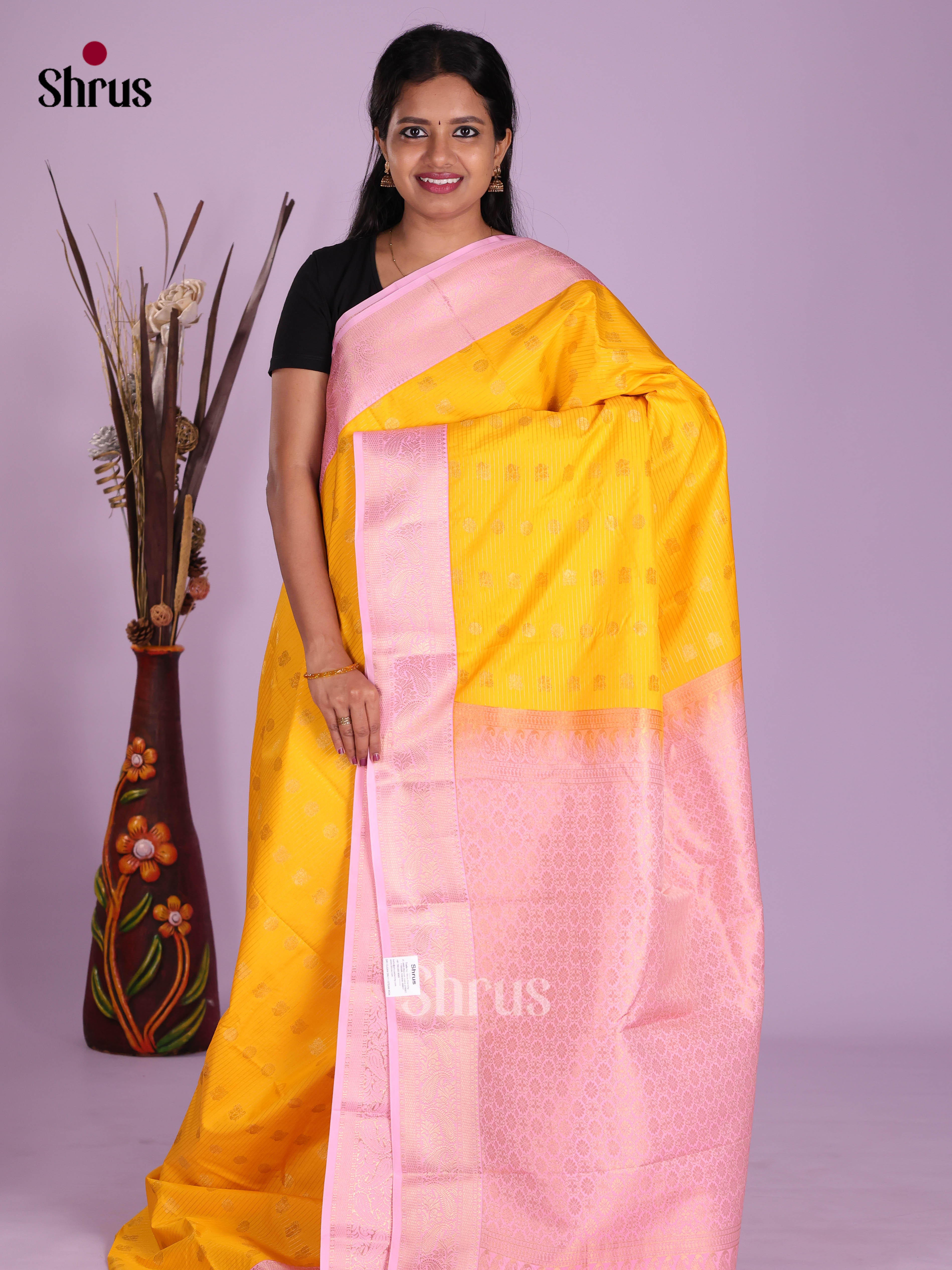 Yellow & Pink - Semi Kanchipuram Saree