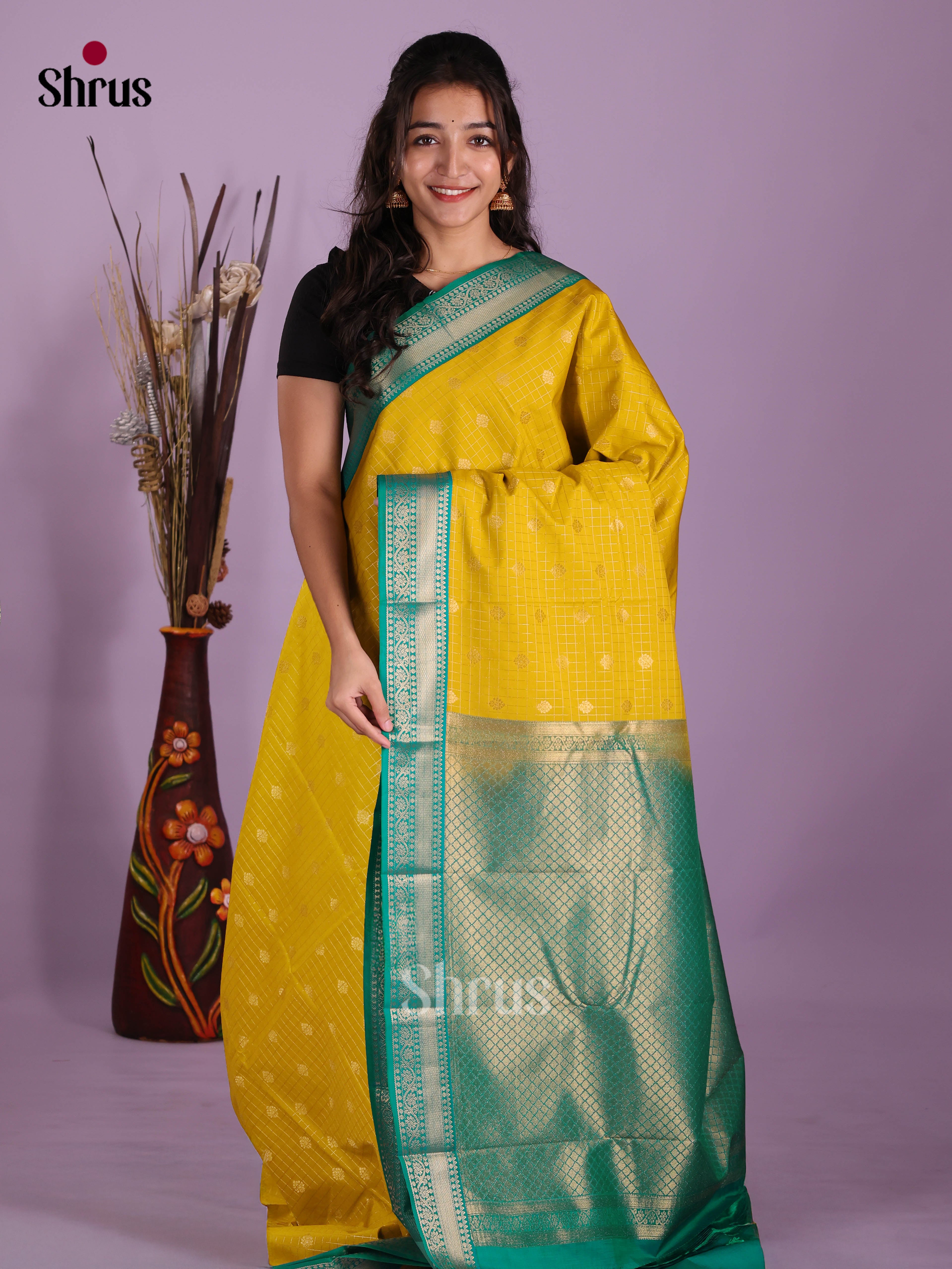 Mustardy Green & Green - Semi Kanchipuram Saree - Shop on Shrus.com