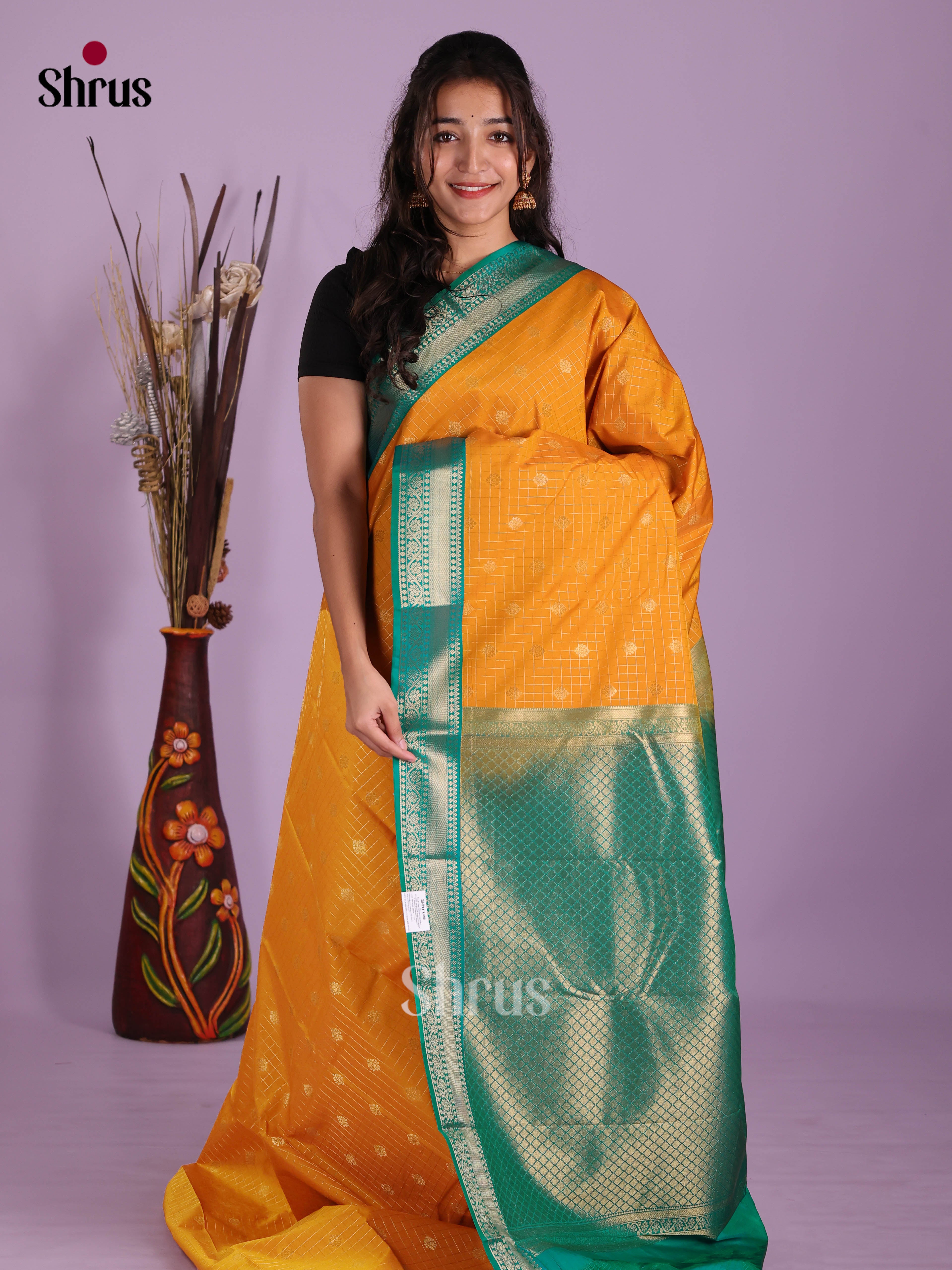 Mambazha Yellow & Green- Semi Kanchipuram Saree - Shop on Shrus.com