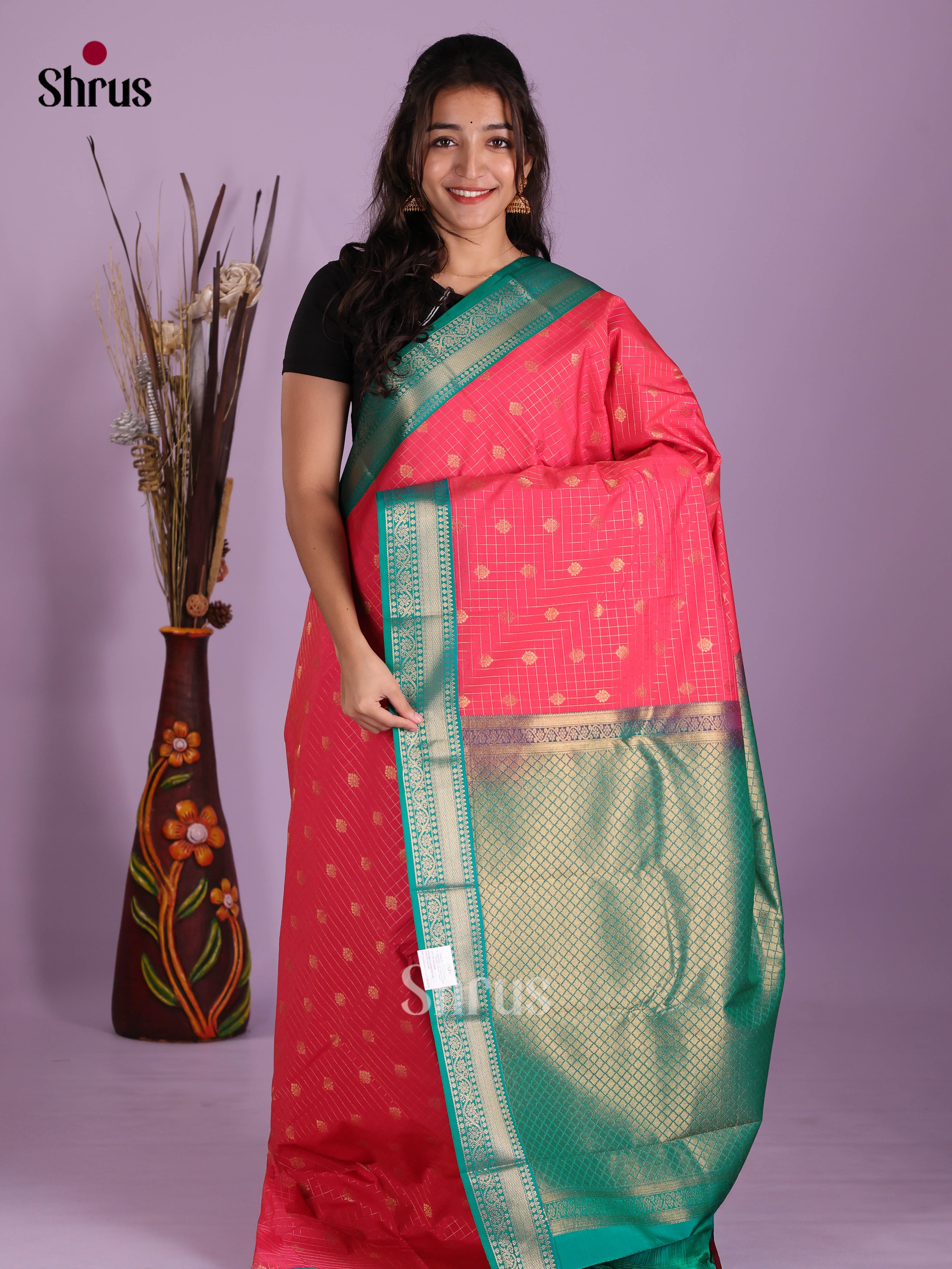 Pink & Green - Semi Kanchipuram Saree