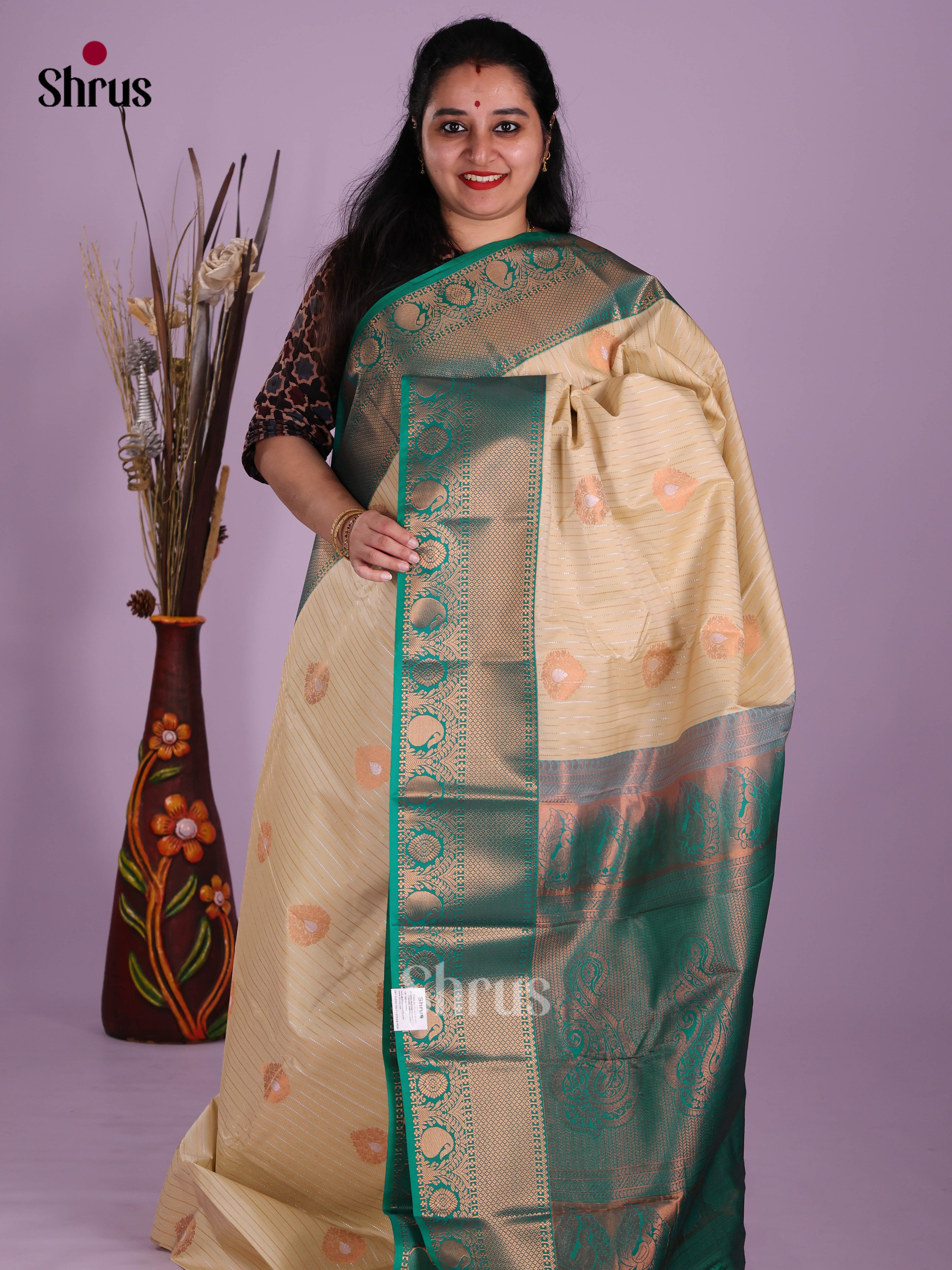 Cream & Green - Semi Kanchipuram Saree