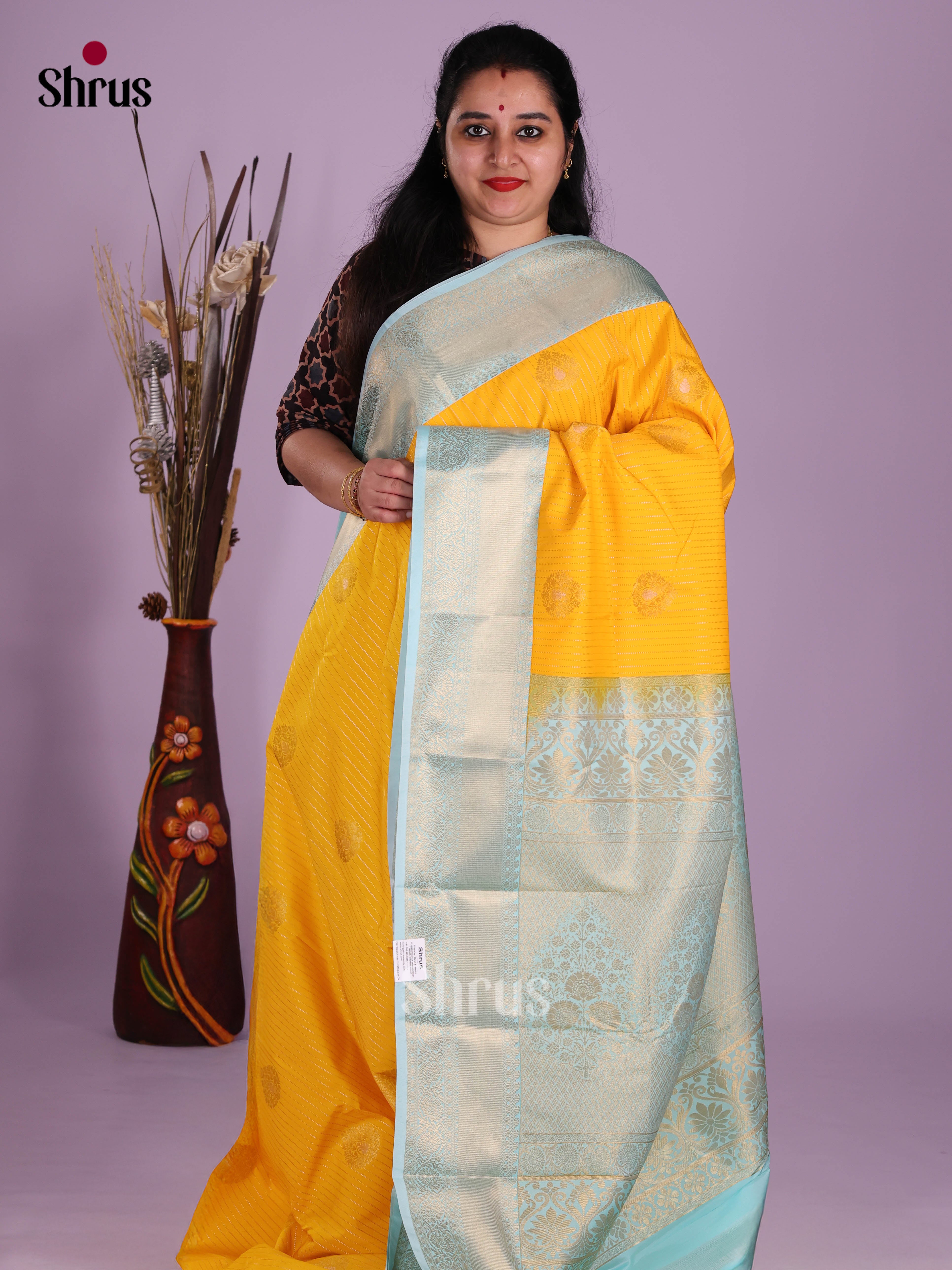 Yellow & Pastel Blue - Semi Kanchipuram Saree