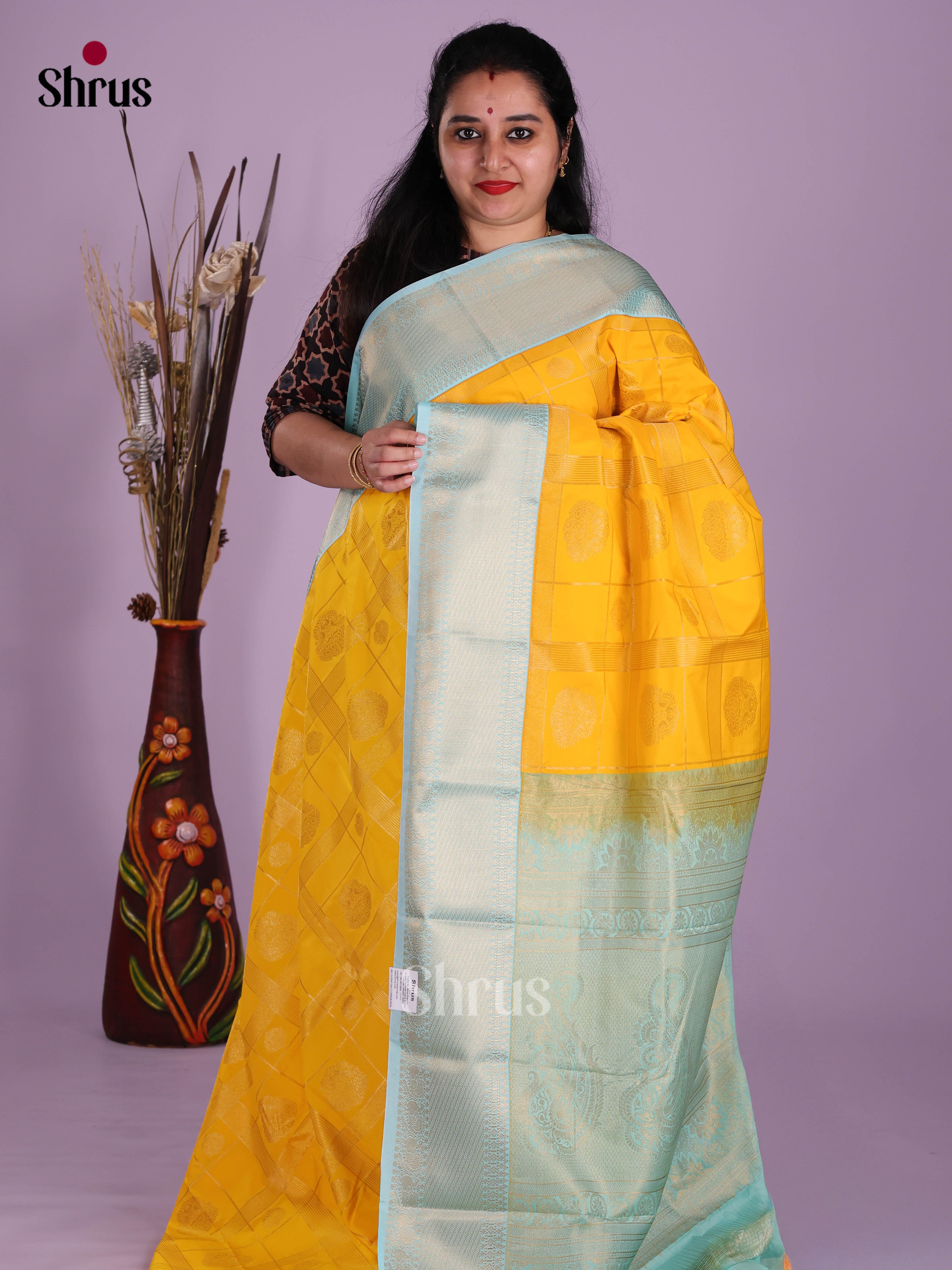Yellow & Ice Blue- Semi Kanchipuram Saree