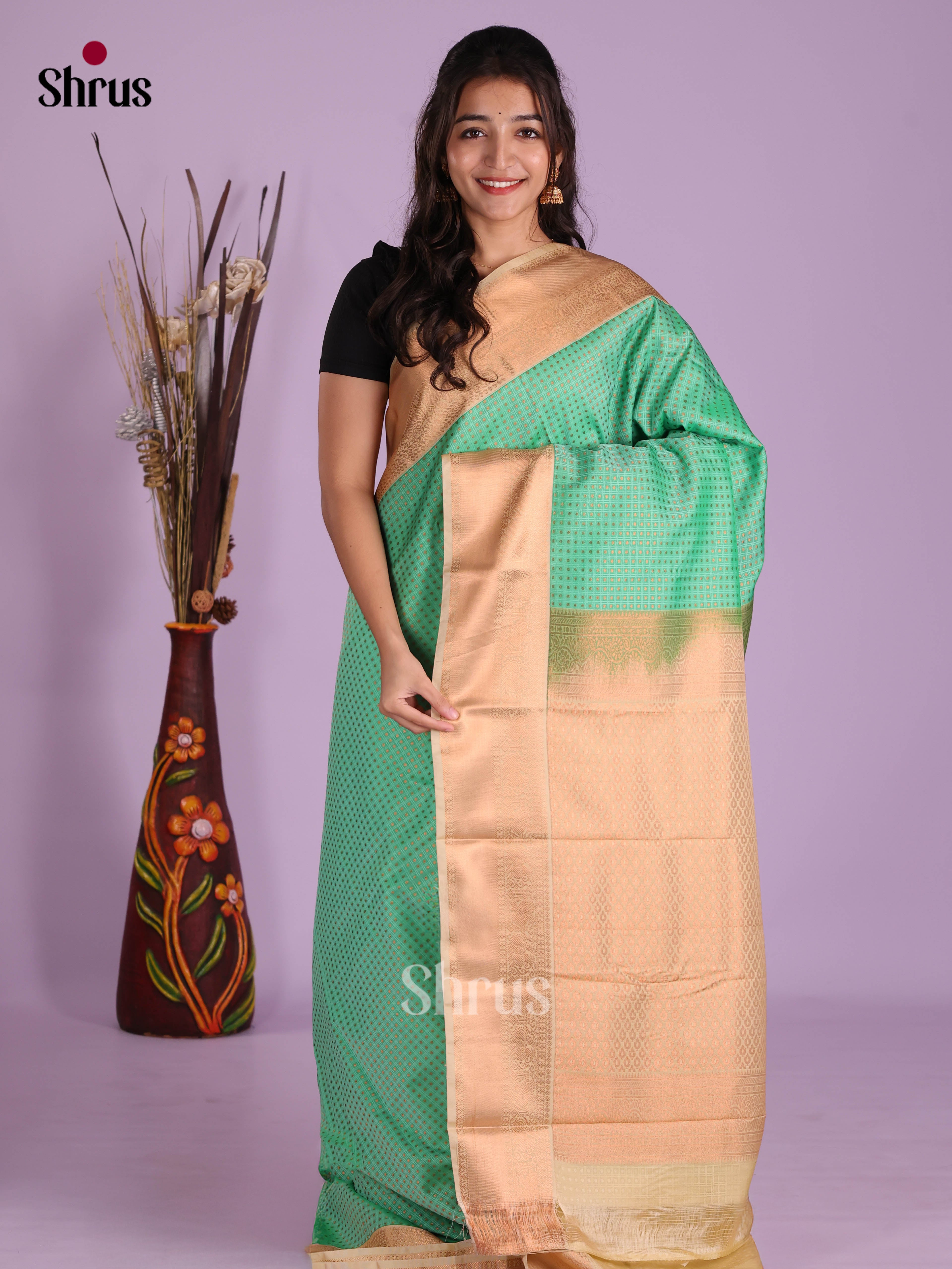 Pastel Green & Elachi Green - Semi Kanchipuram Saree - Shop on Shrus.com