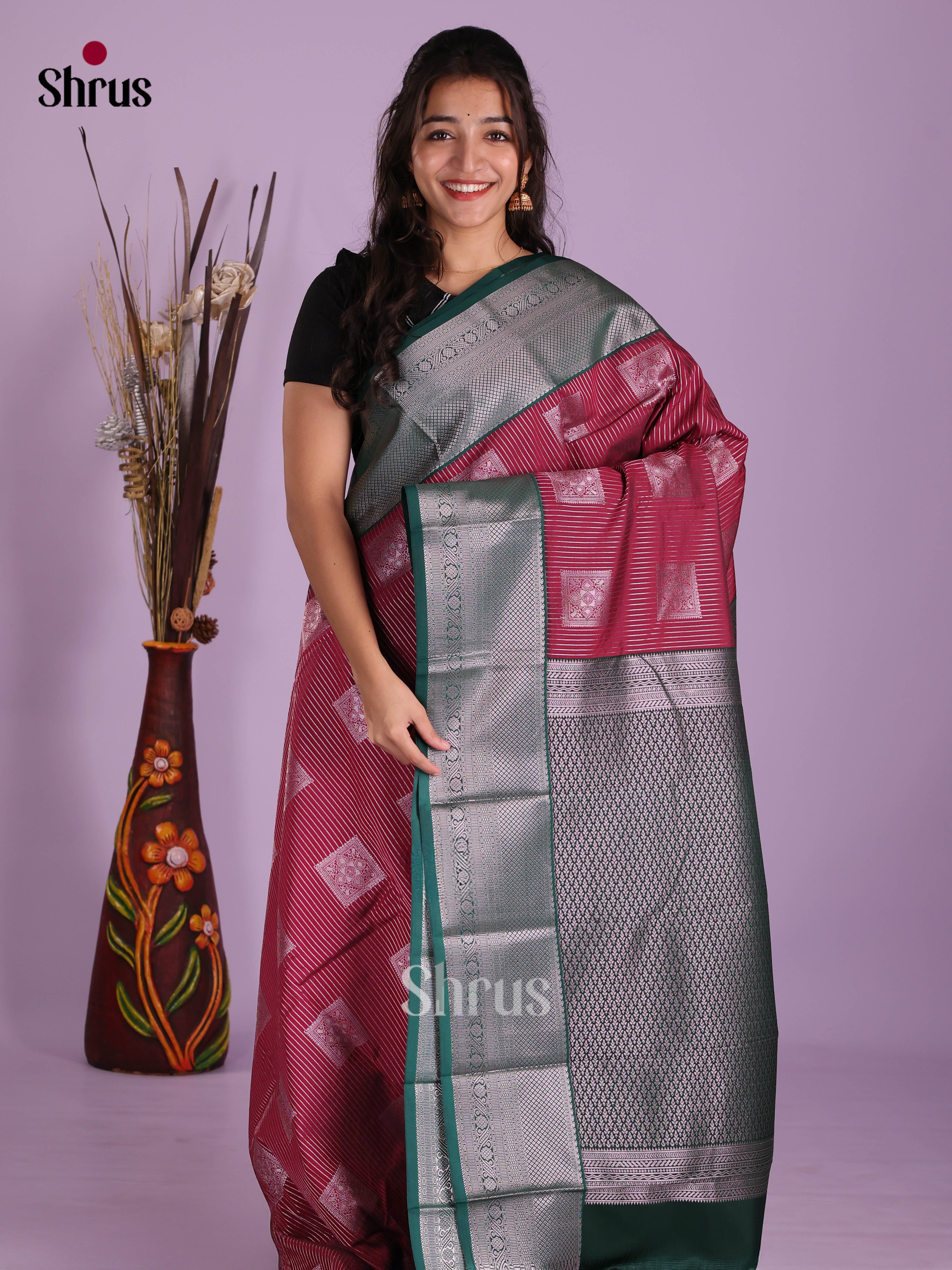 Maroon & Green - Semi Kanchipuram Saree - Shop on Shrus.com