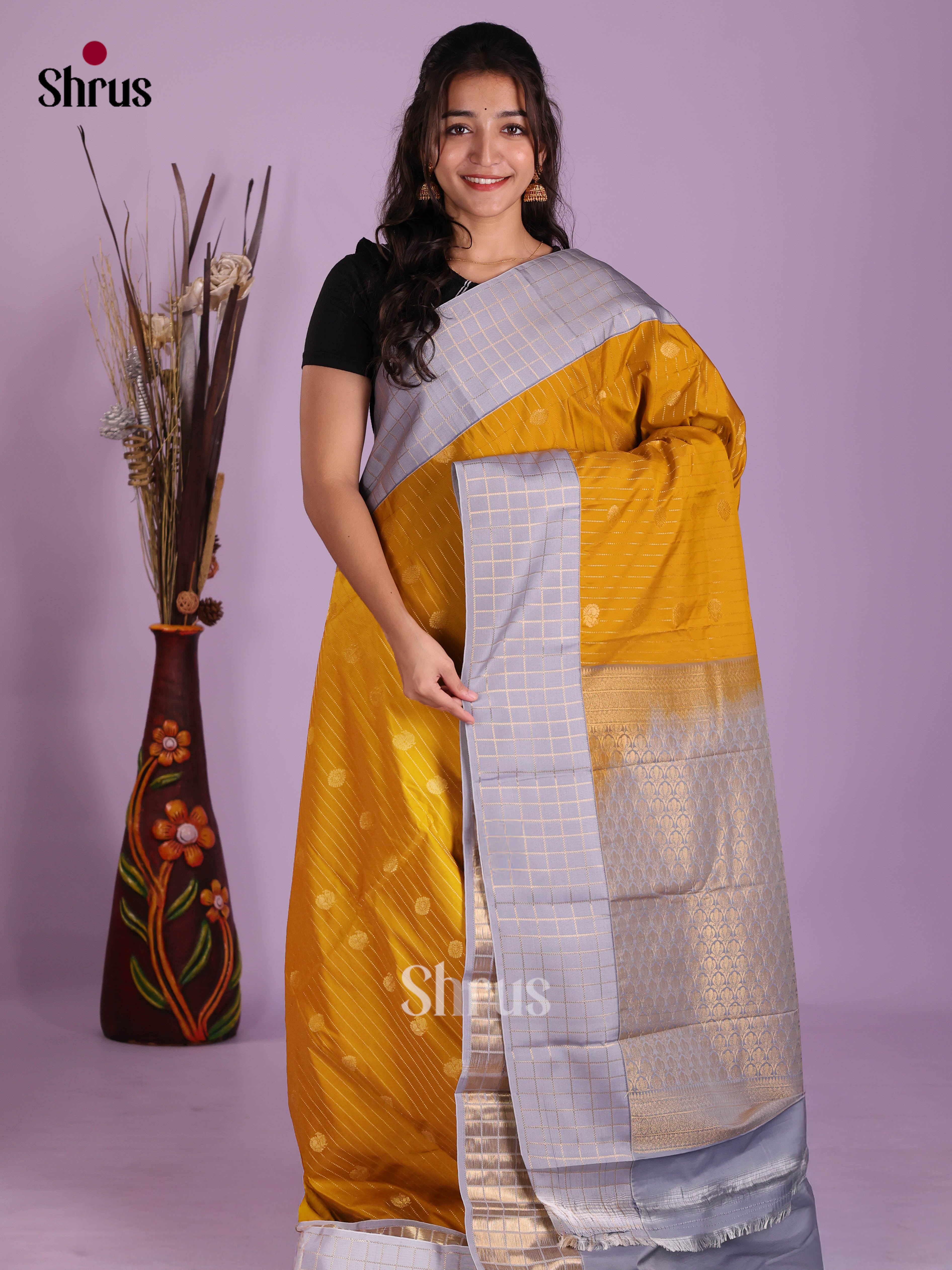 Mustard & Grey - Semi Kanchipuram Saree - Shop on Shrus.com