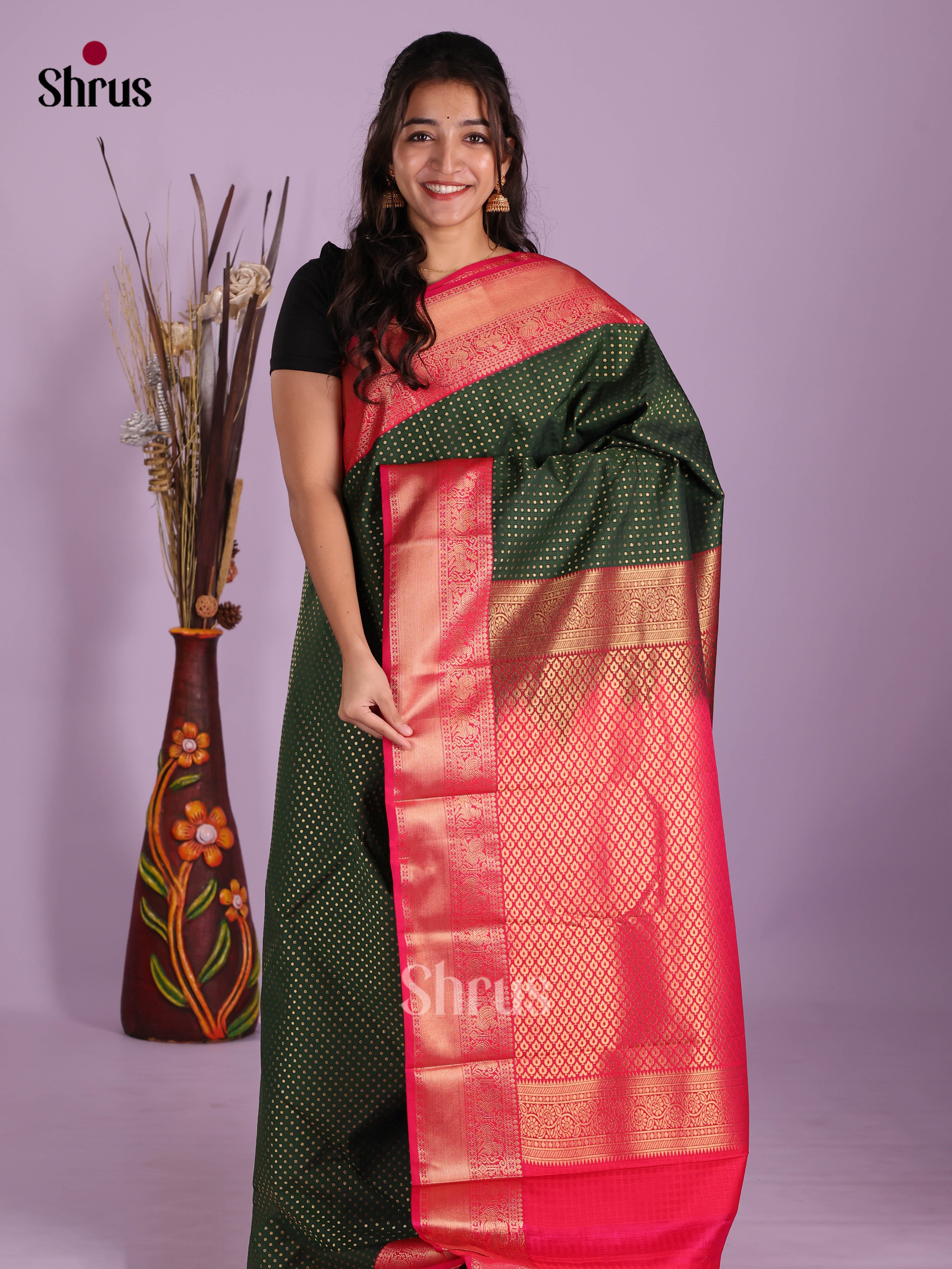 Dark Green & Red - Semi Kanchipuram Saree