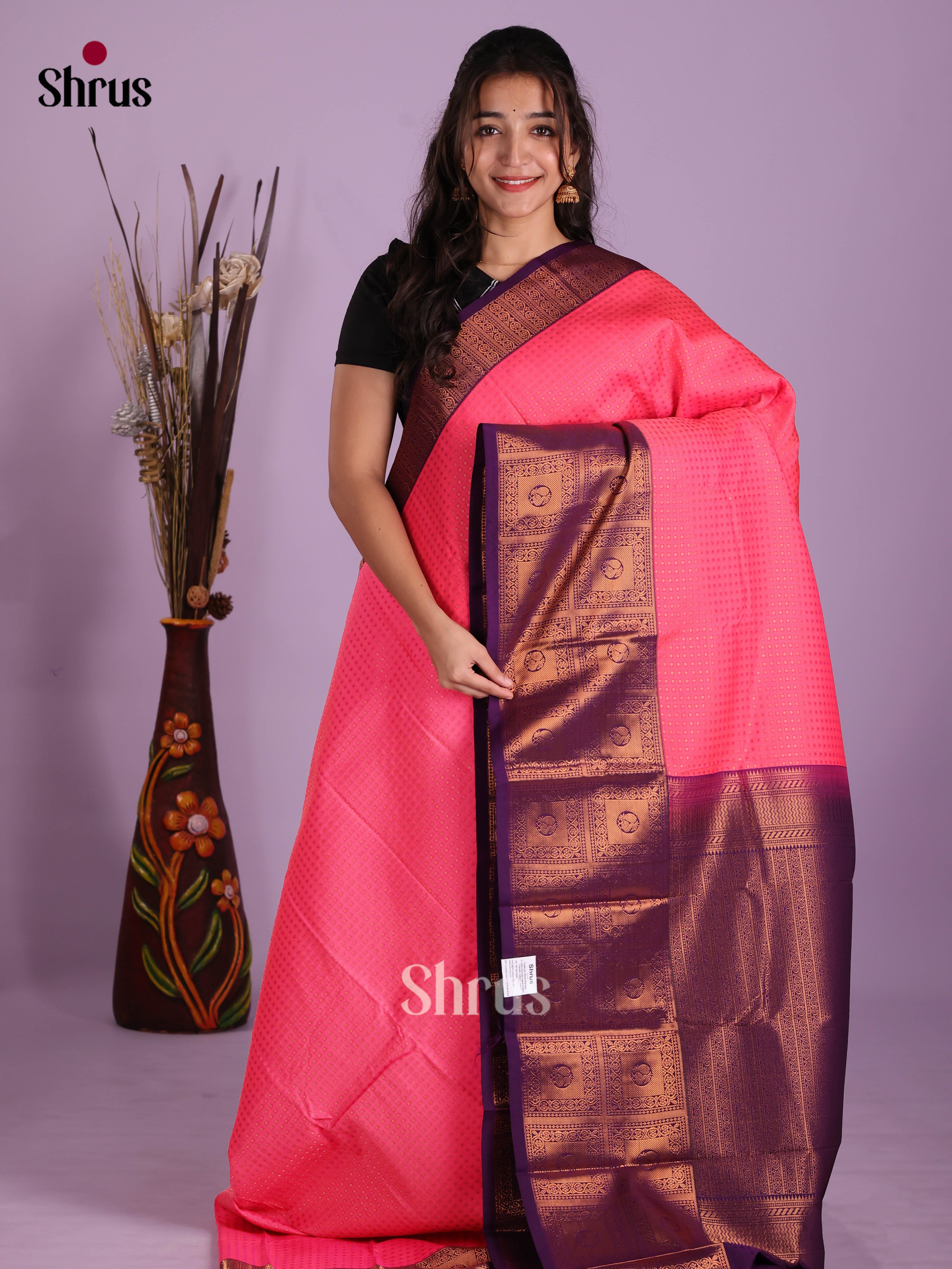 Pink & Violet- Semi Kanchipuram Saree - Shop on Shrus.com