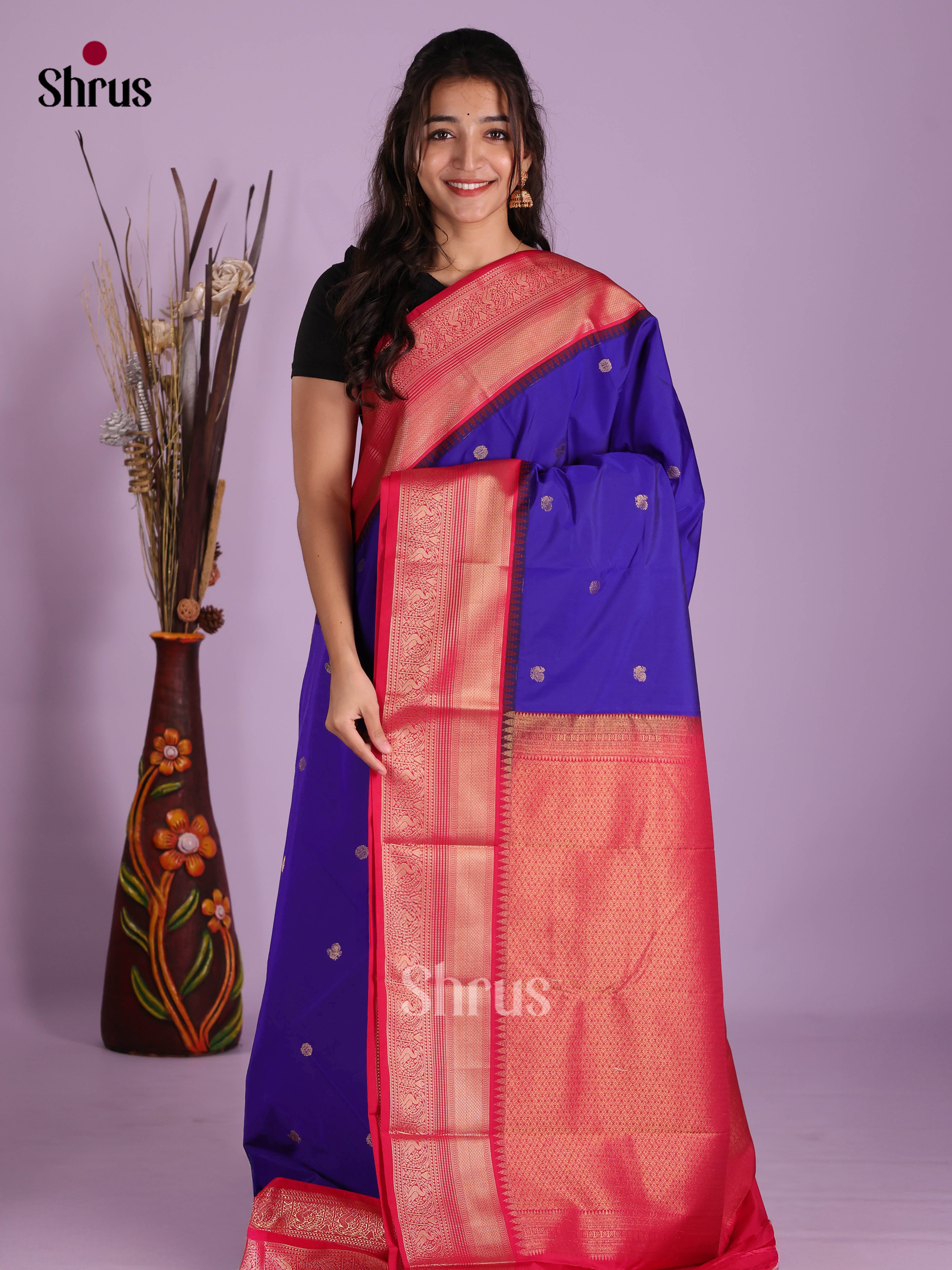 Blue & Red - Semi Kanchipuram Saree
