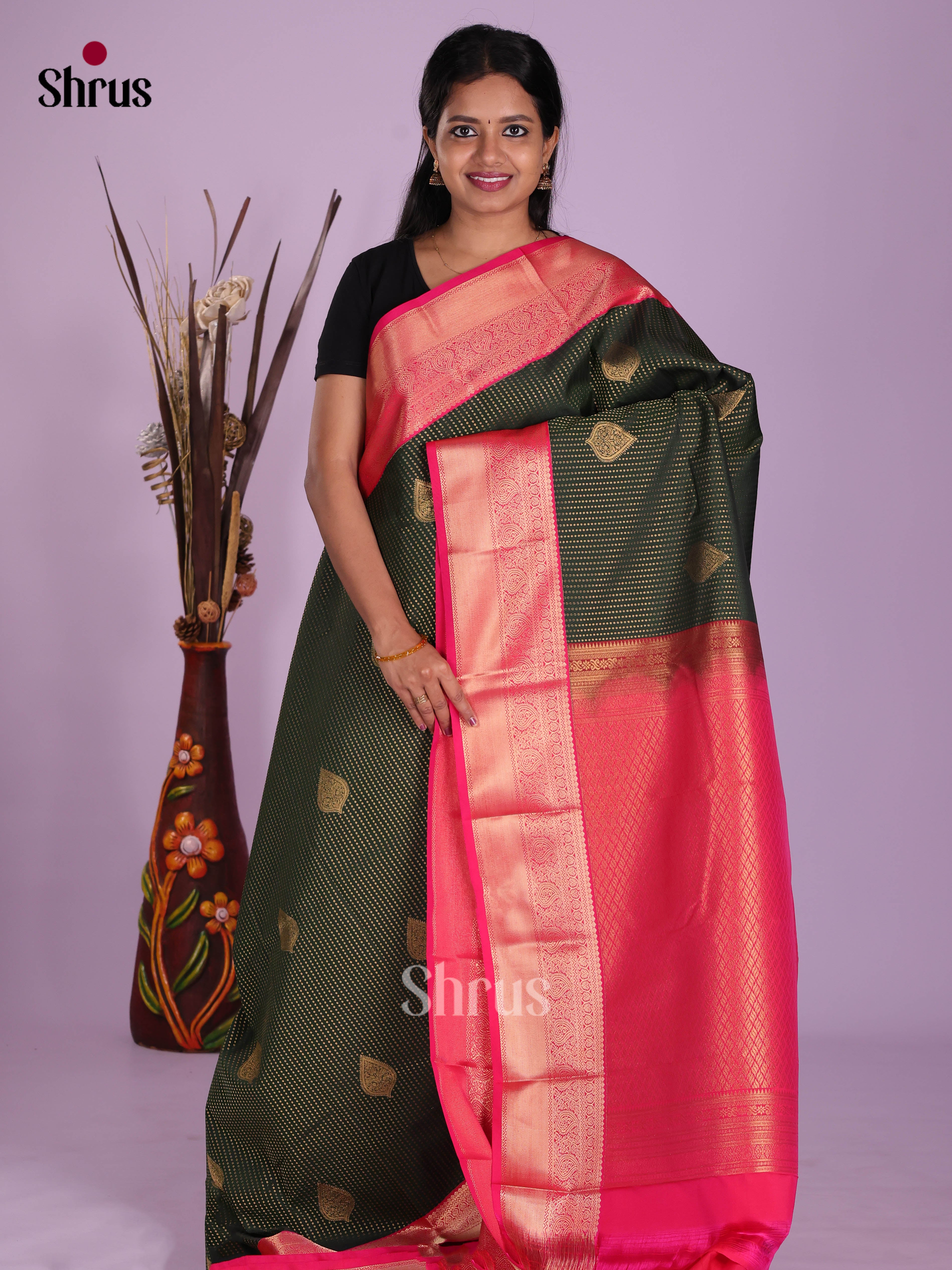 Dark Green & Pink - Semi Kanchipuram Saree