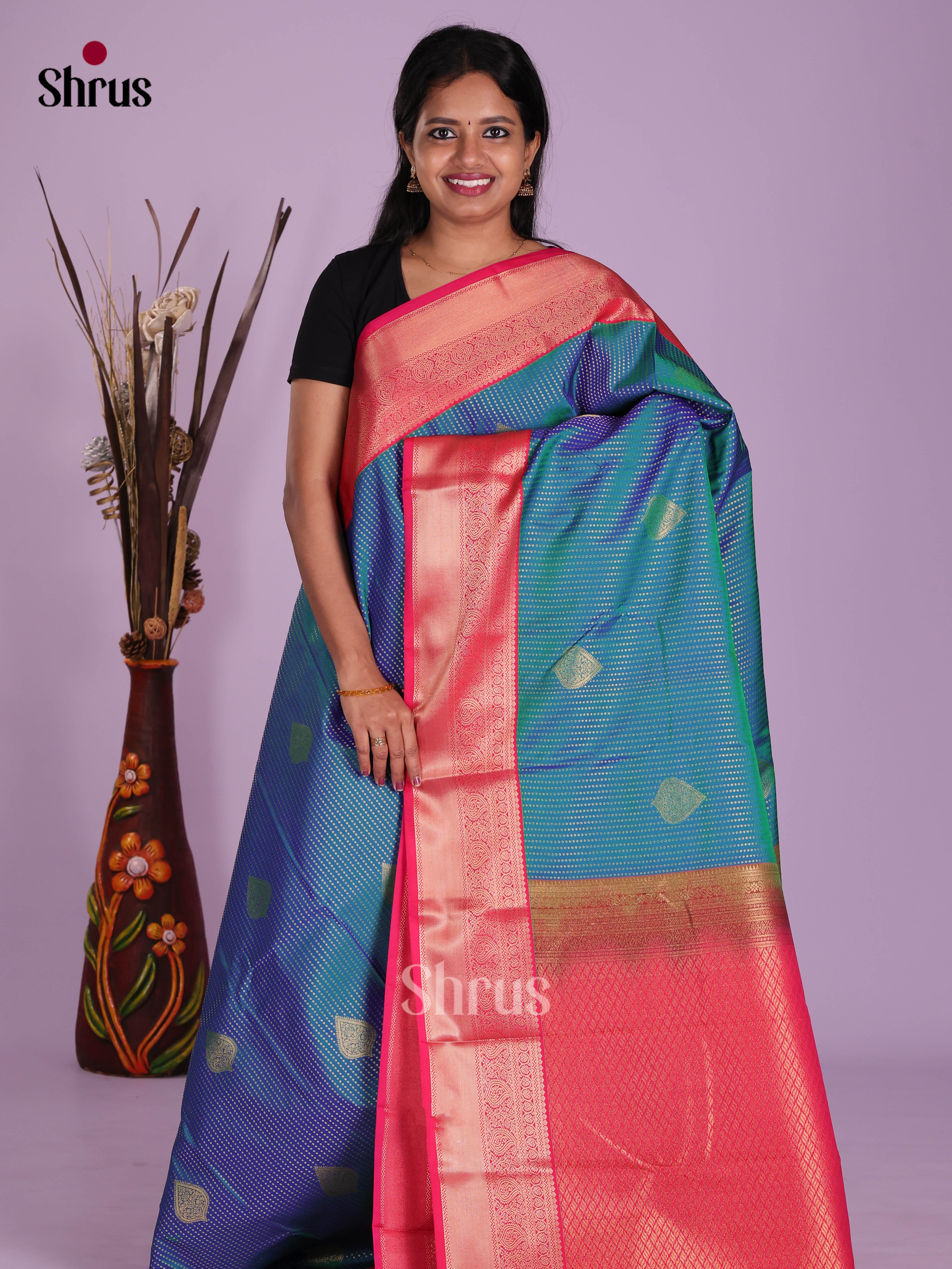 Blue & Pink - Semi Kanchipuram Saree