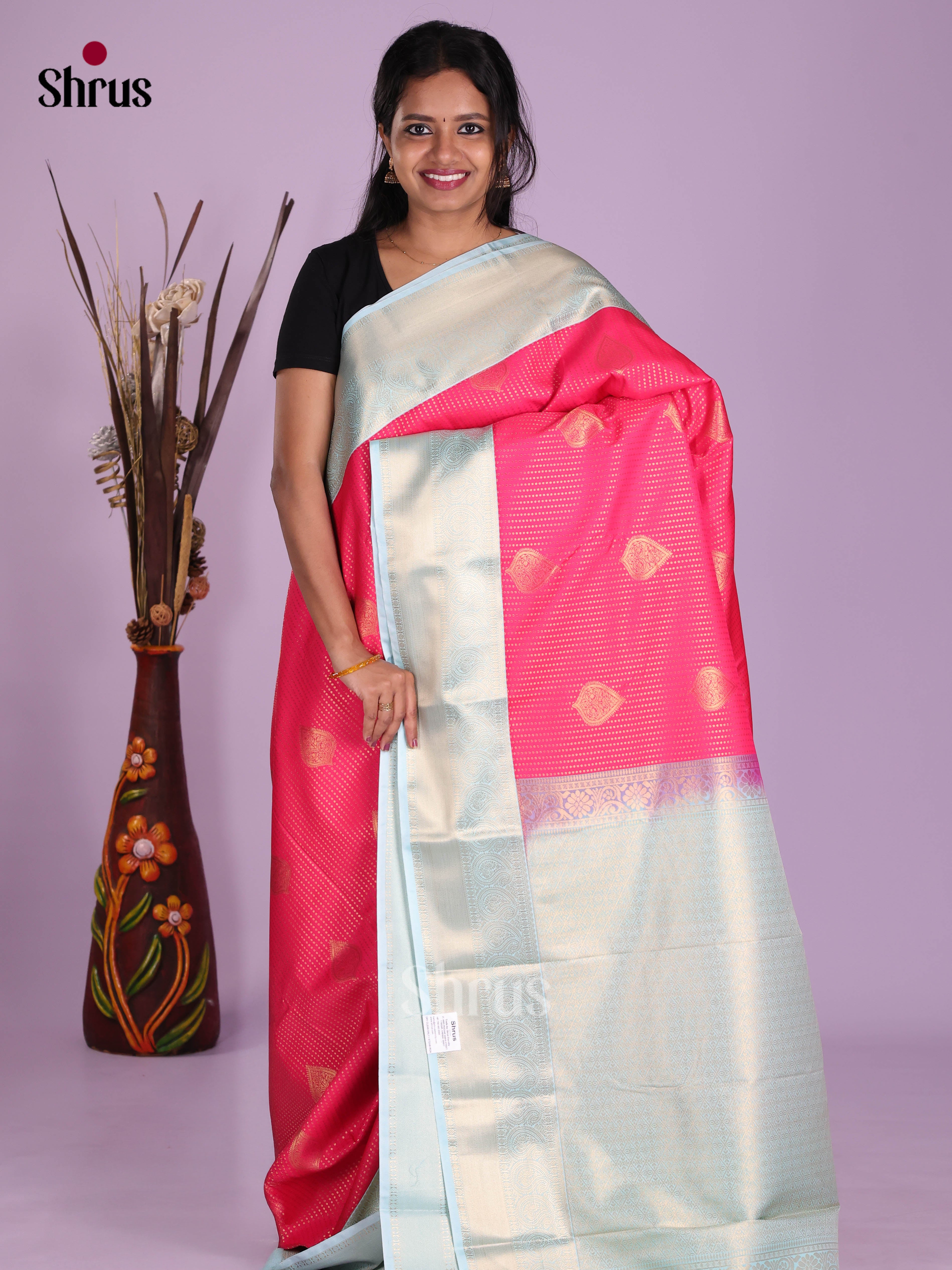 Pink & Light Blue - Semi Kanchipuram Saree