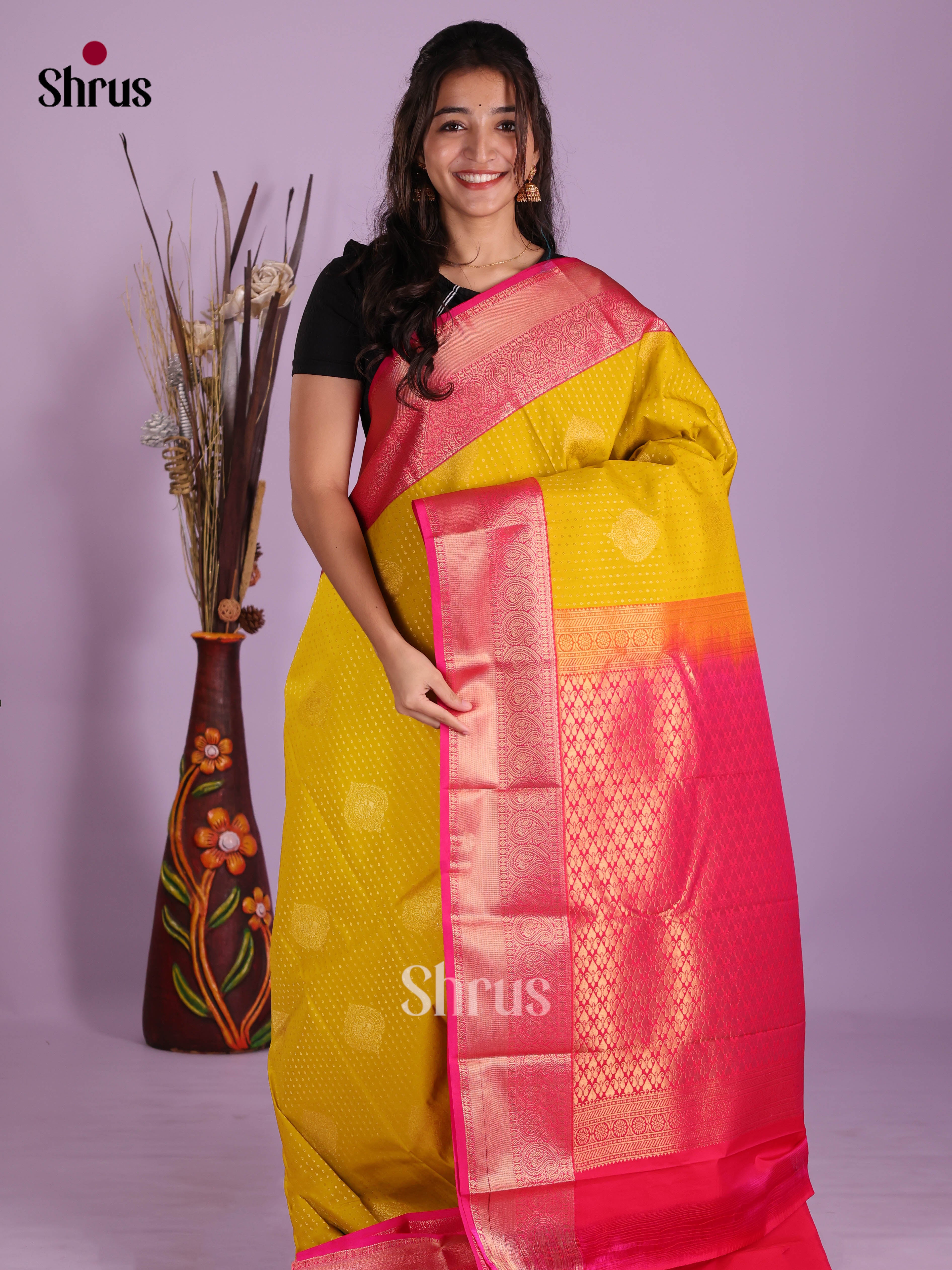 Mustardy Green & Pink - Semi Kanchipuram Saree