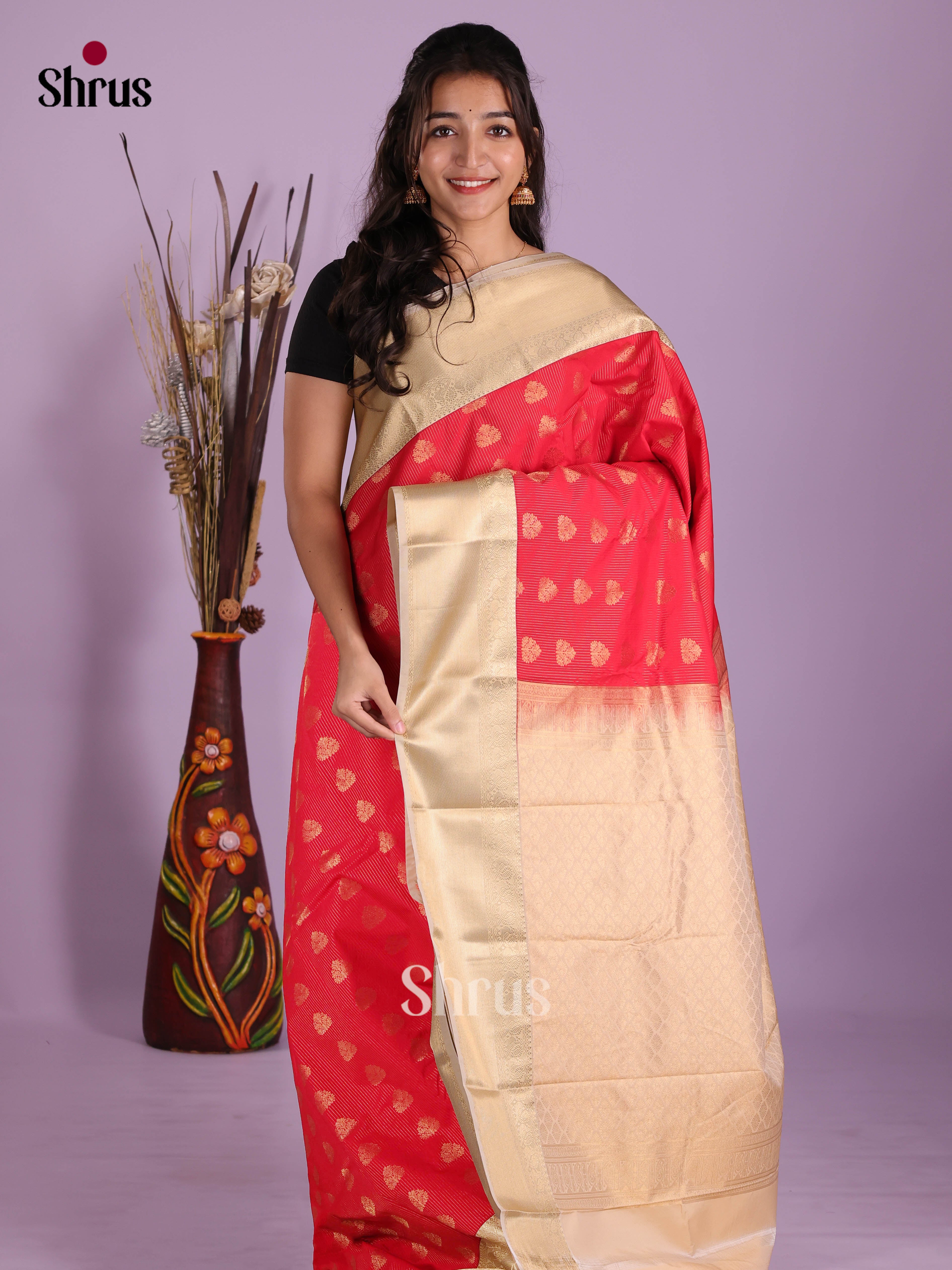 Reddish Pink & Cream - Semi Kanchipuram Saree