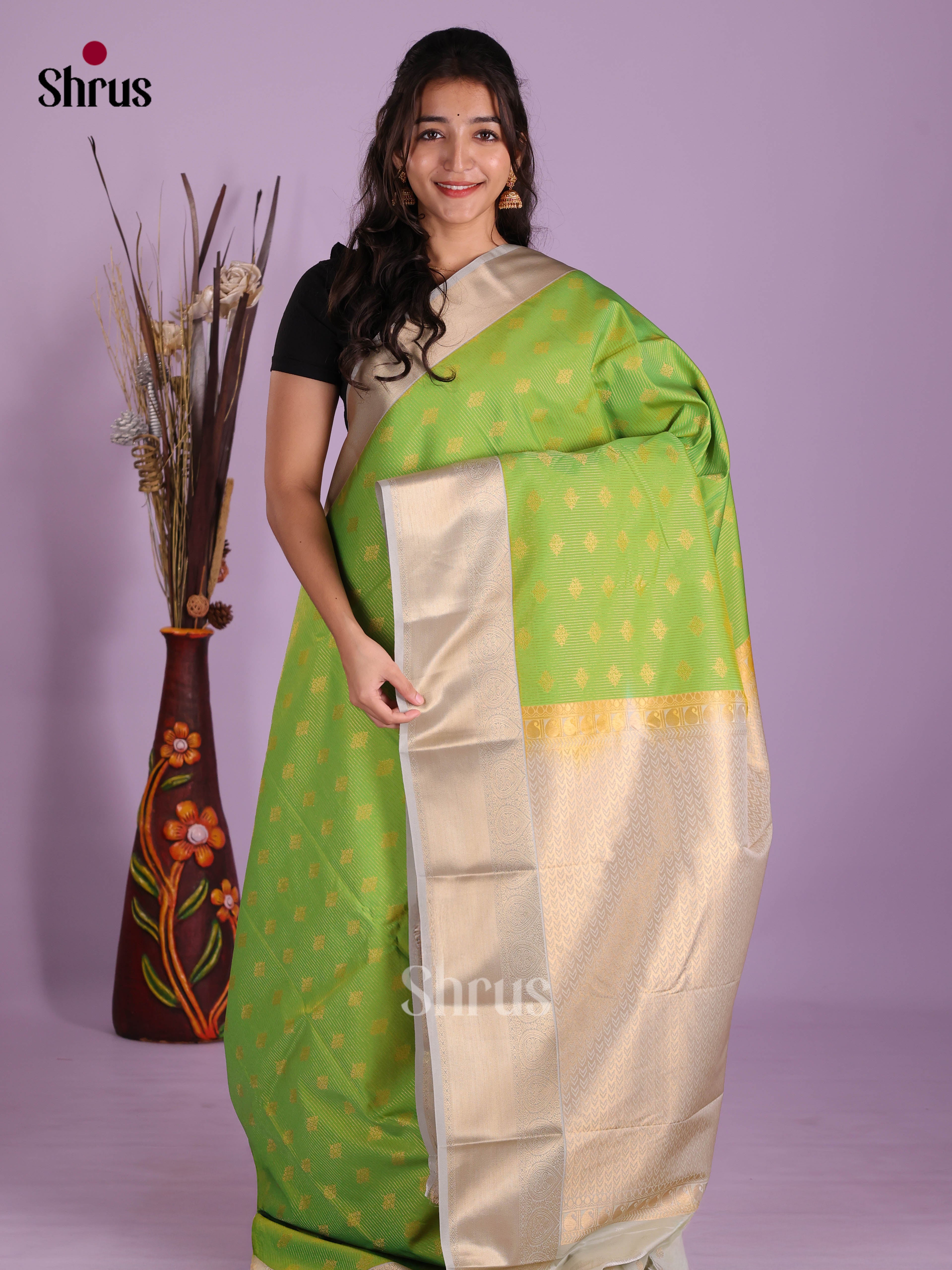 Light Green & Grey - Semi Kanchipuram Saree