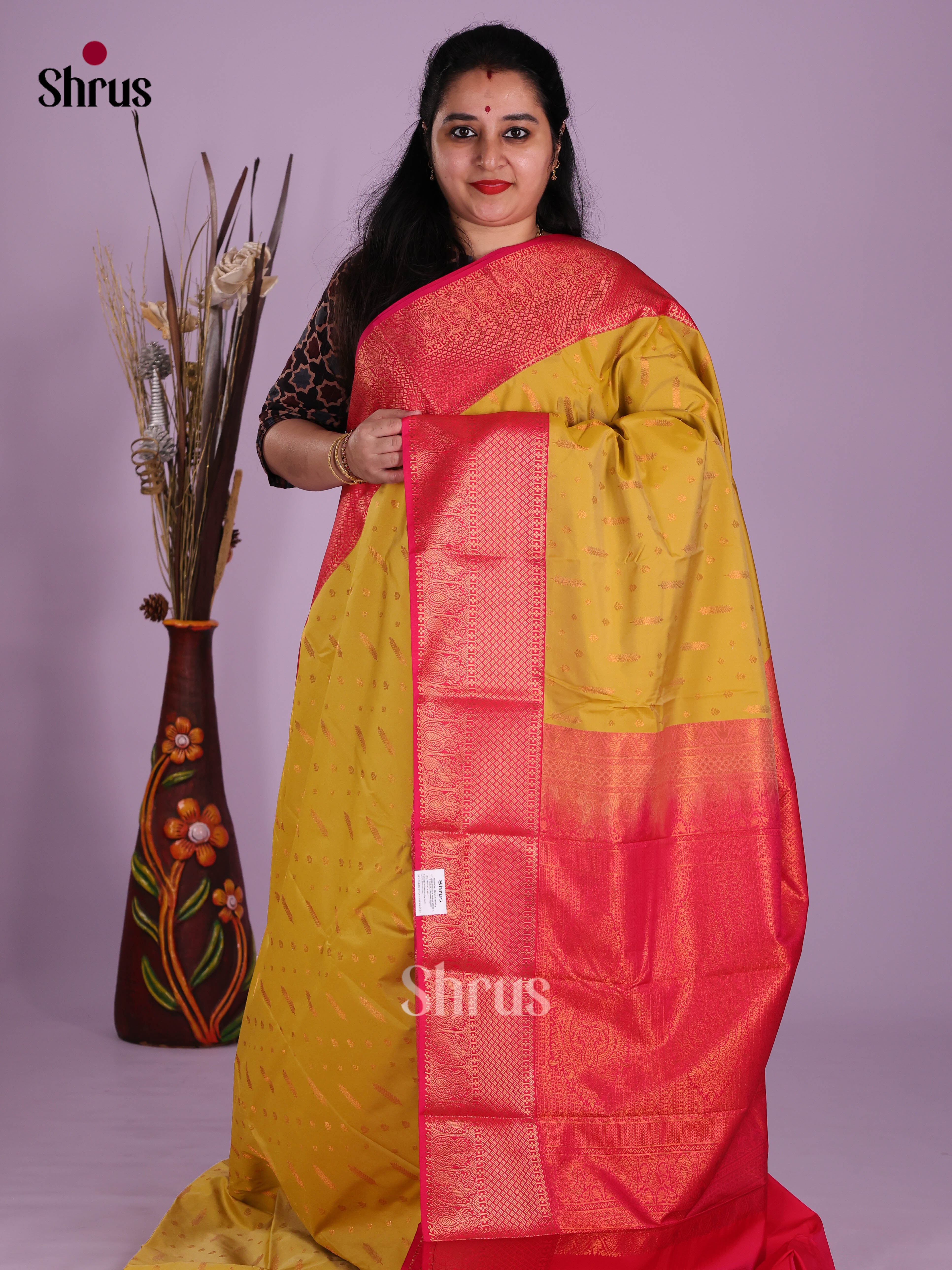 Mustardy Green & Pink - Semi Kanchipuram Saree