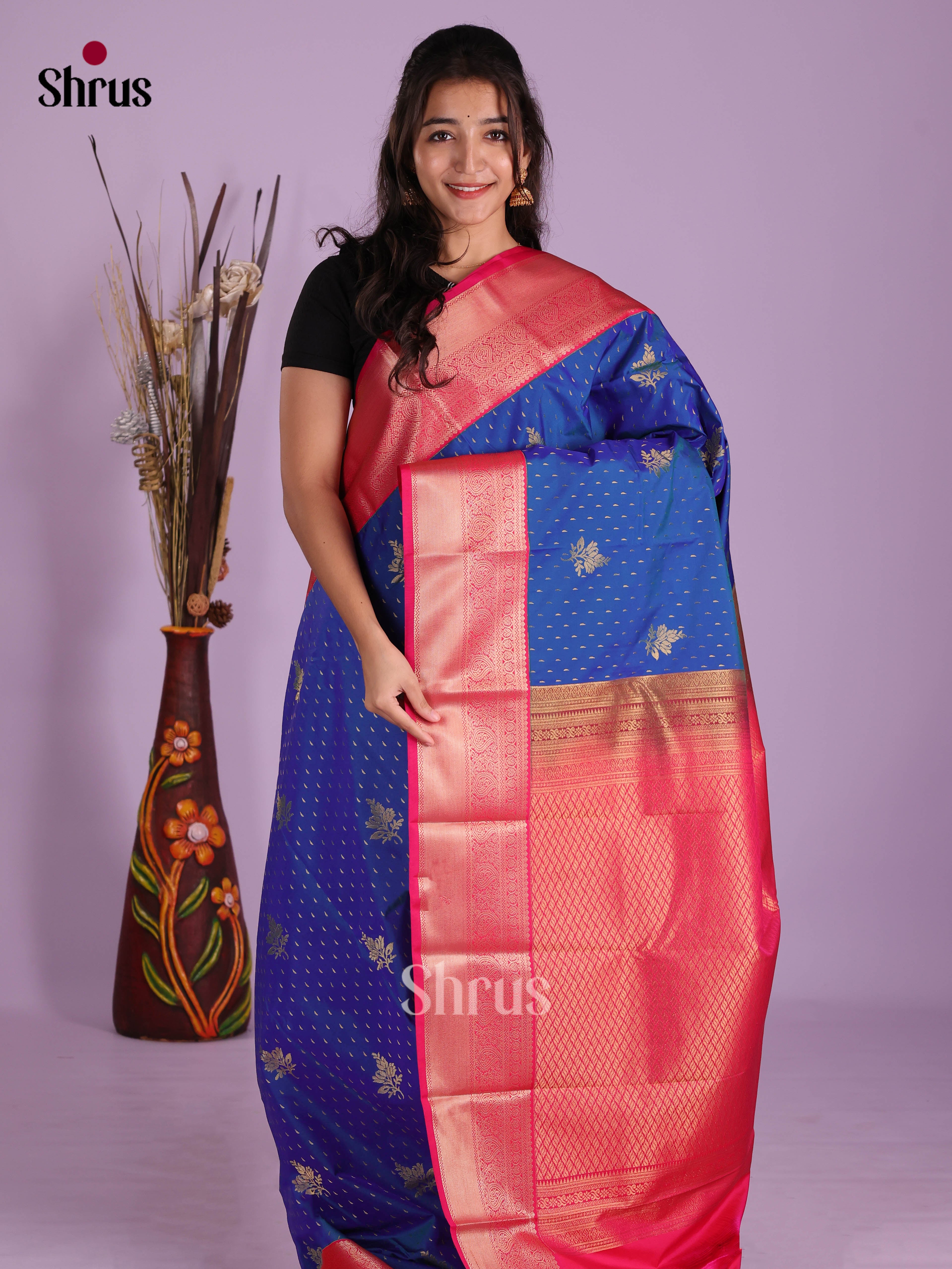 Blue & Pink - Semi Kanchipuram Saree