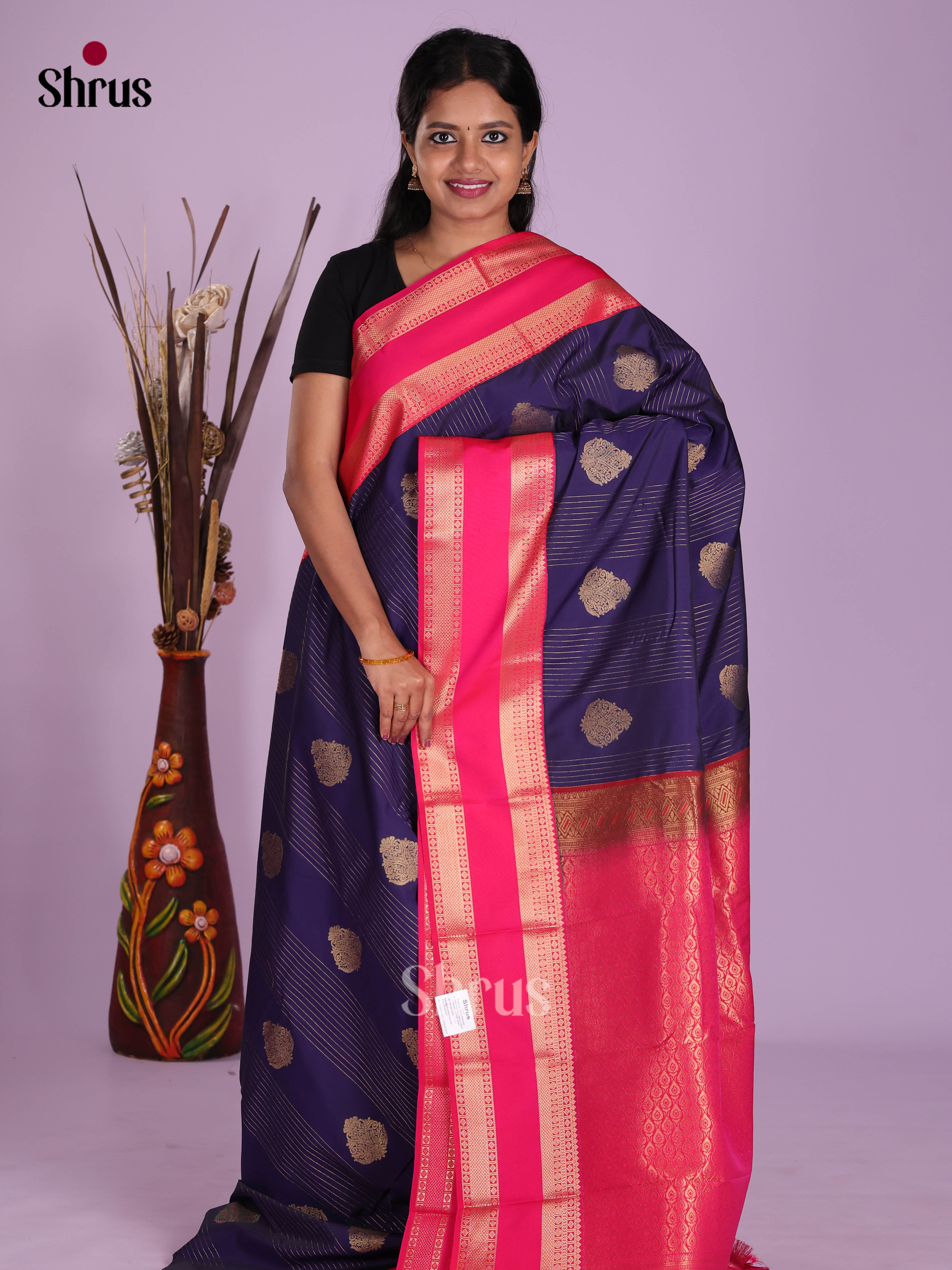 Blue & Orangish Pink- Semi Kanchipuram Saree