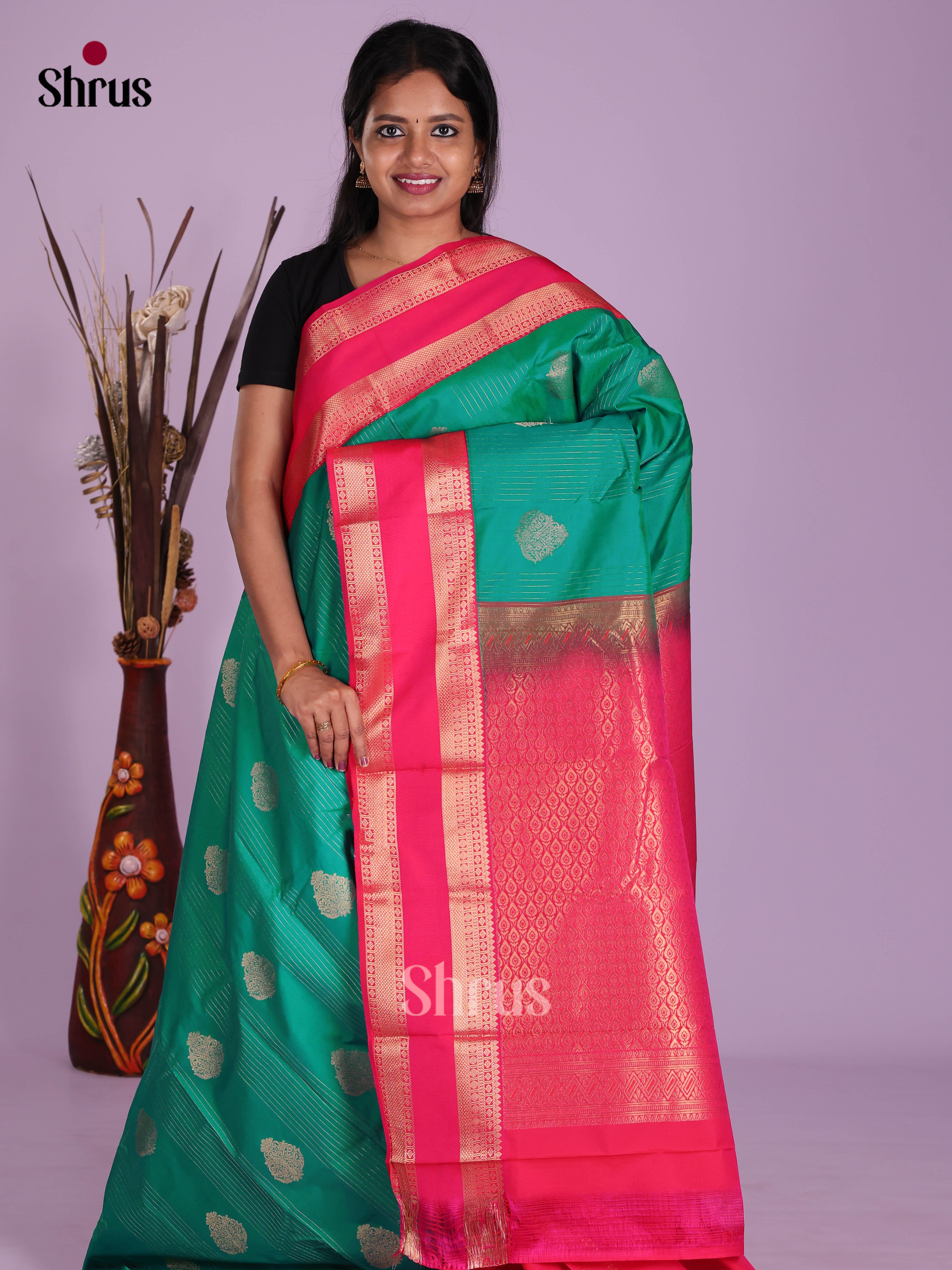 Green & Orangish Pink- Semi Kanchipuram Saree