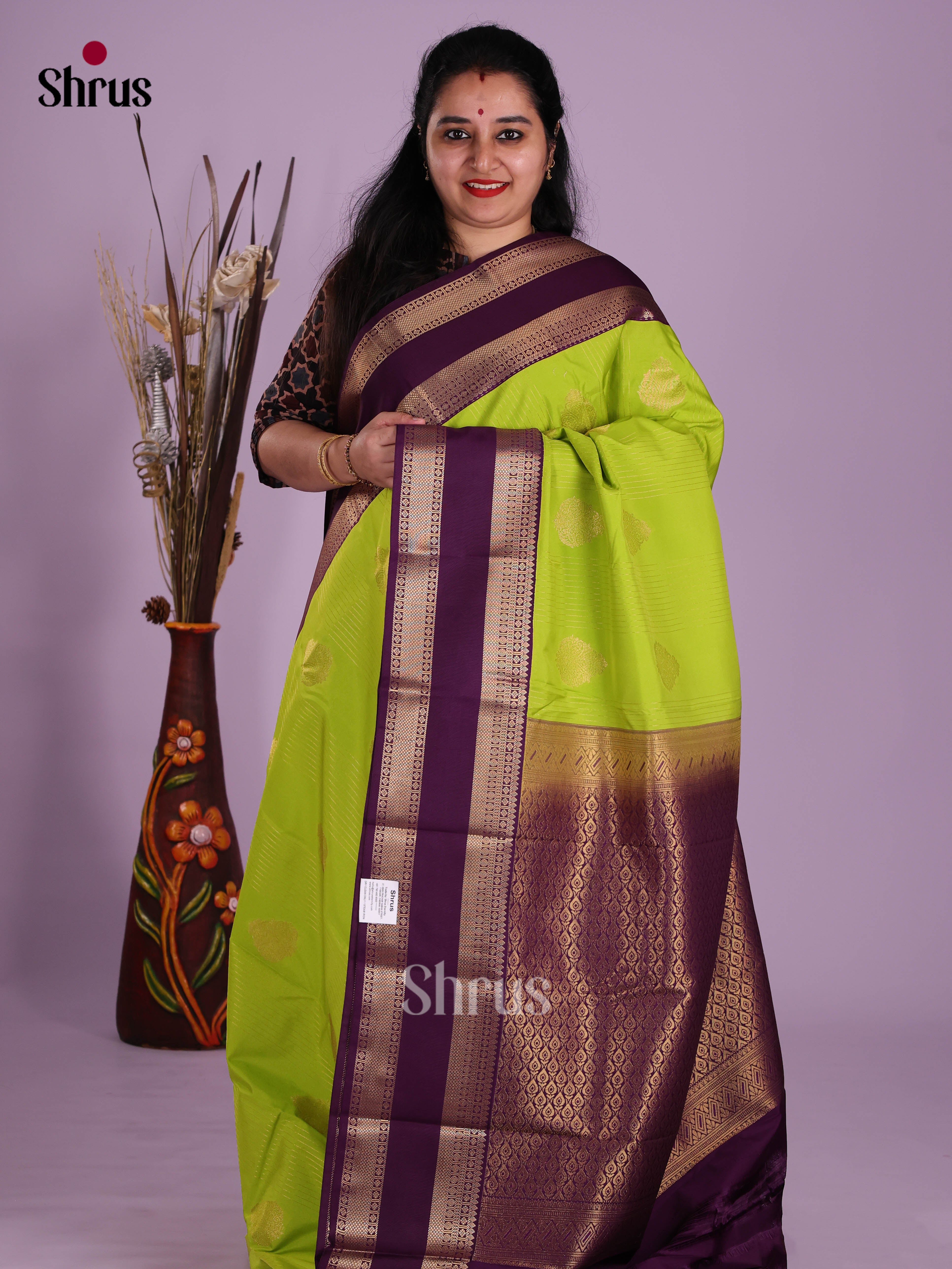 Light Green & Violet- Semi Kanchipuram Saree