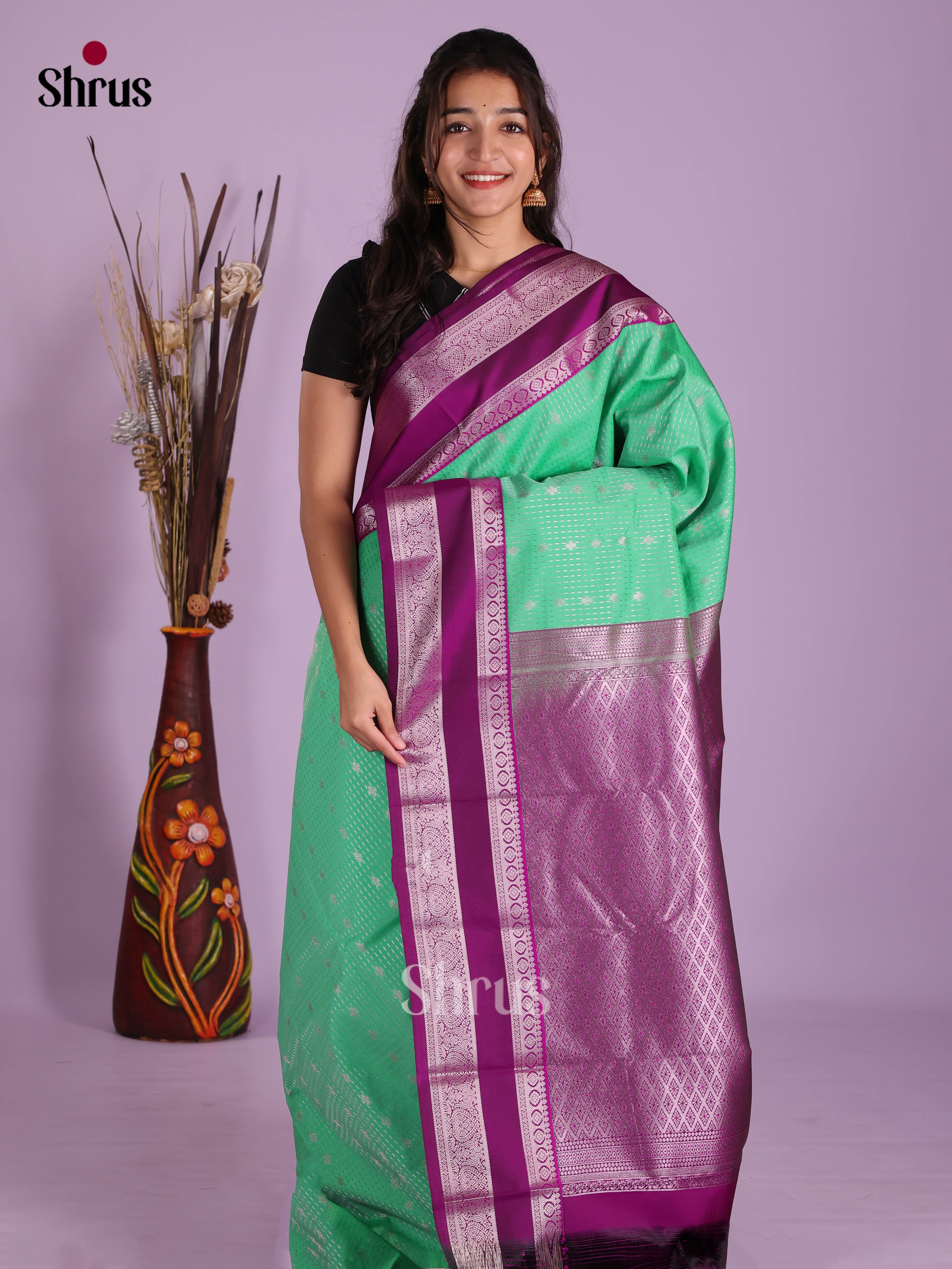 Green & Purple - Semi Kanchipuram Saree - Shop on Shrus.com