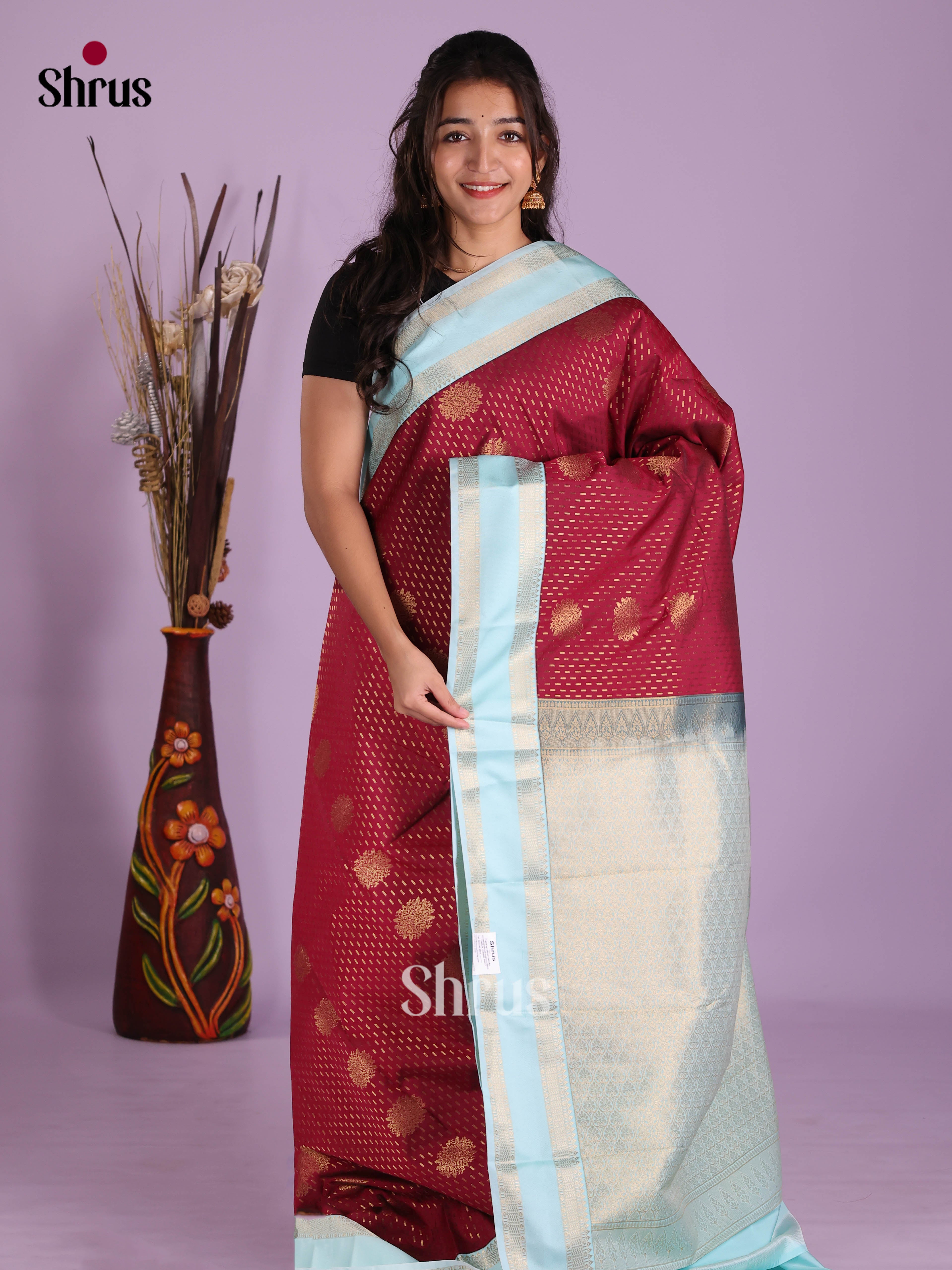 Maroon & Blue - Semi Kanchipuram Saree - Shop on Shrus.com