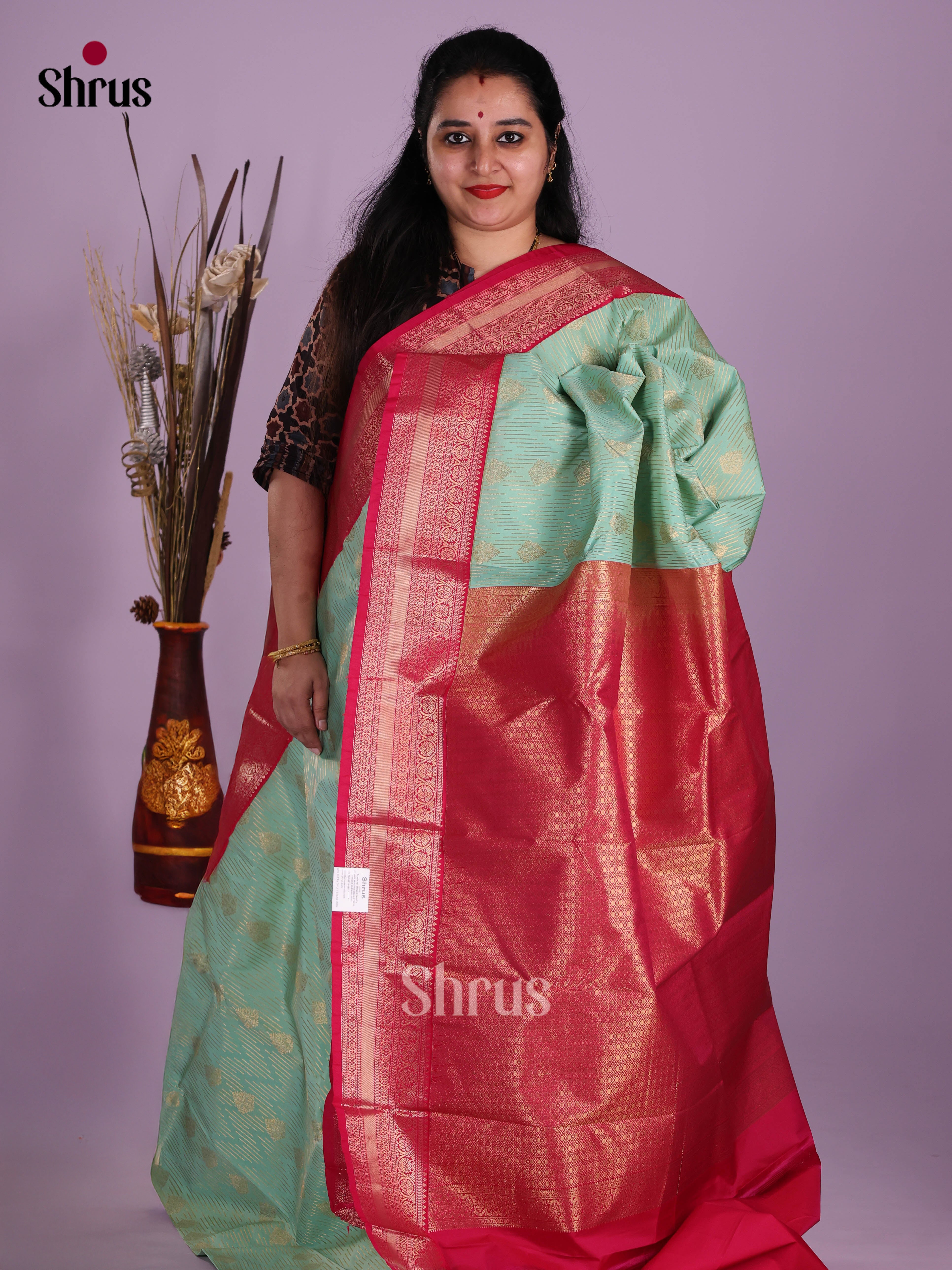 Pastel Blue & Pink - Semi Kanchipuram Saree