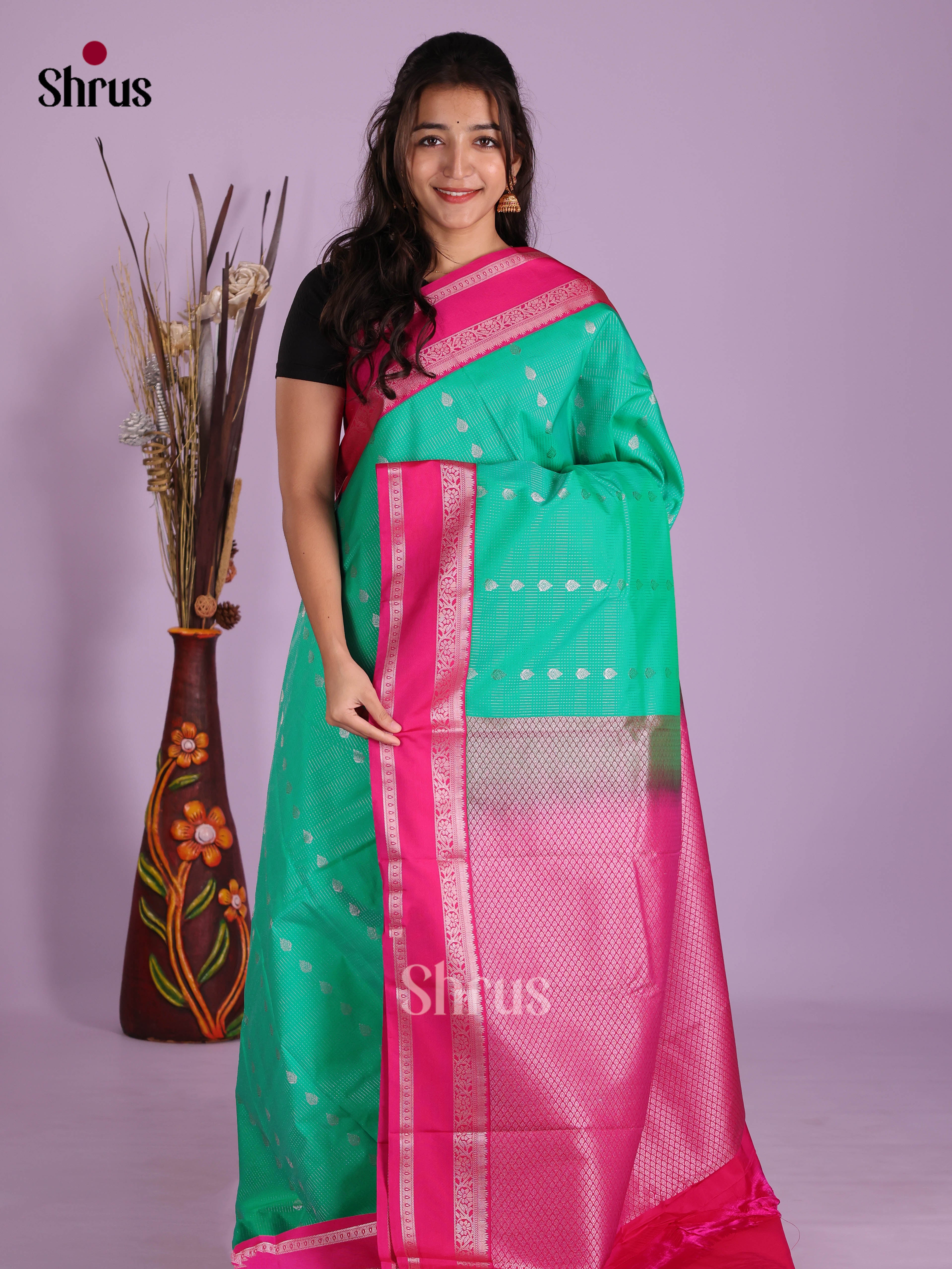 Green & Pink - Semi Kanchipuram Saree - Shop on Shrus.com