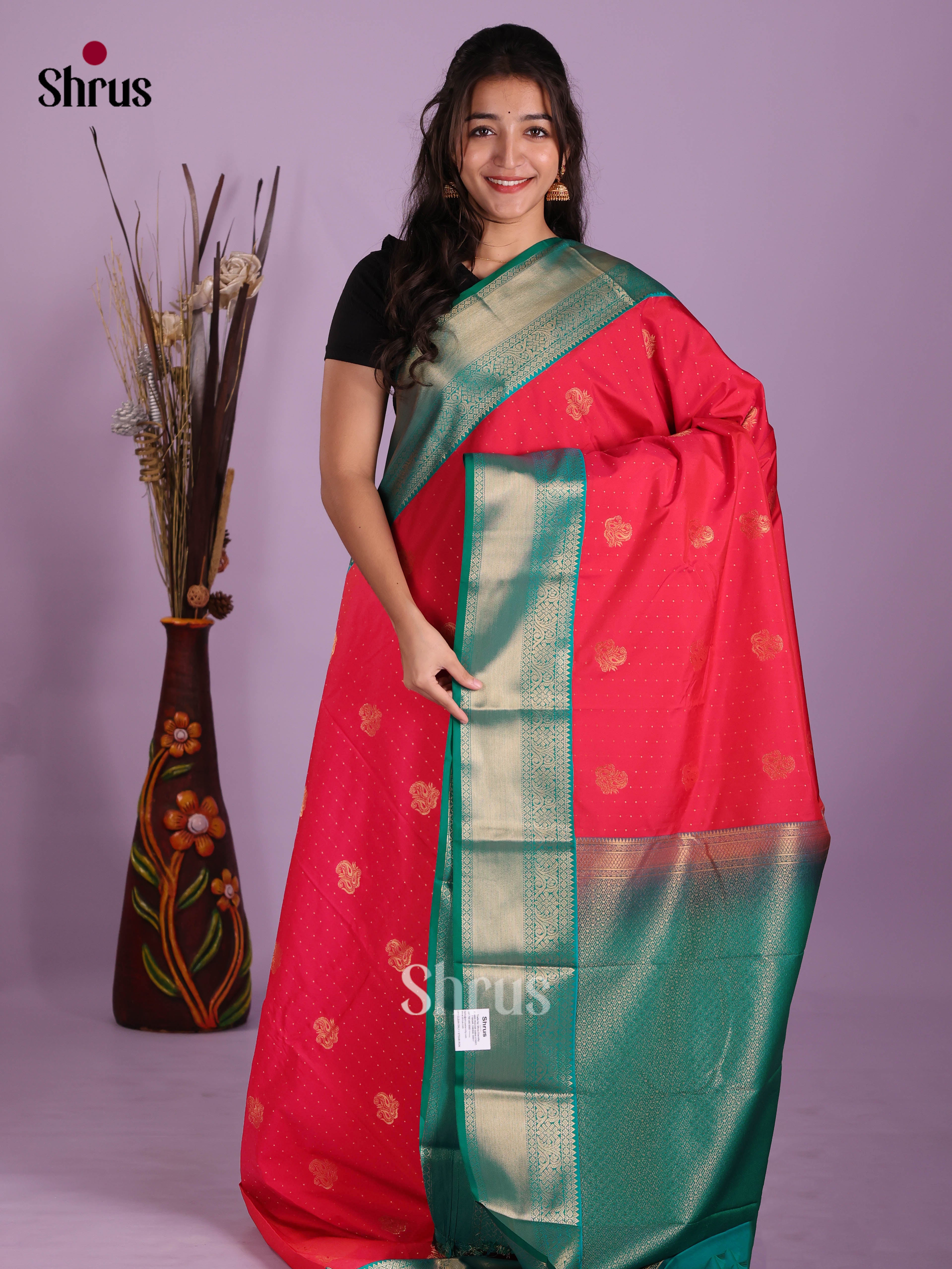 Pink & Green - Semi Kanchipuram Saree - Shop on Shrus.com