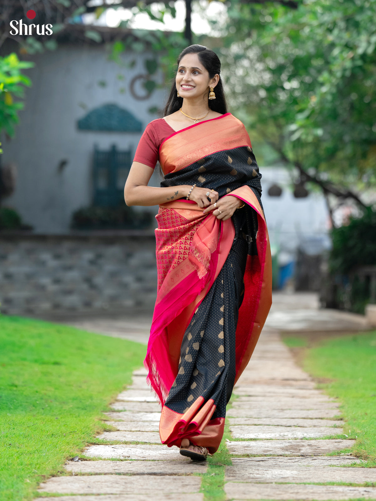 Black & Pink- Semi Kanchipuram Saree