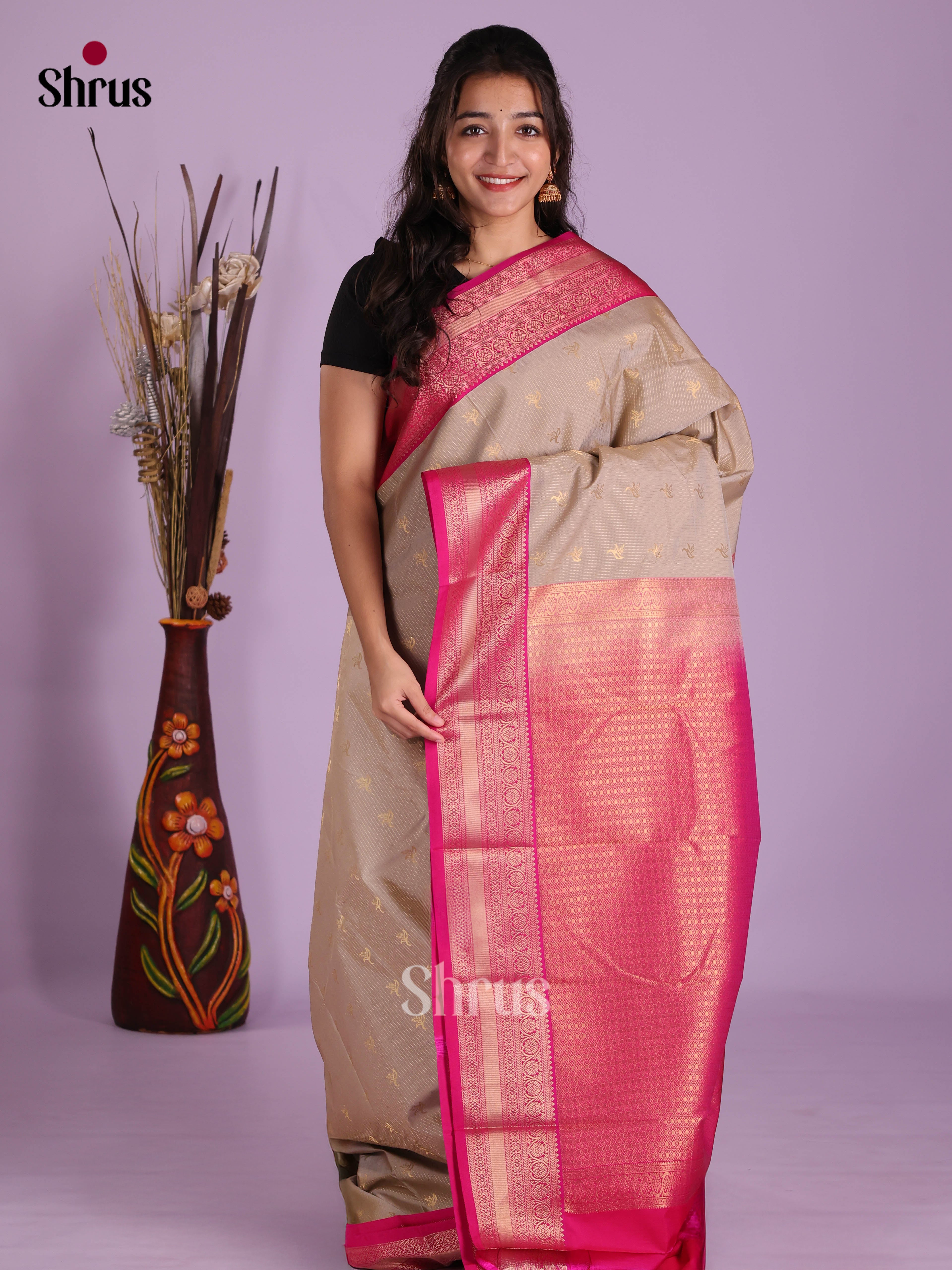 Grey & Pink- Semi Kanchipuram Saree - Shop on Shrus.com