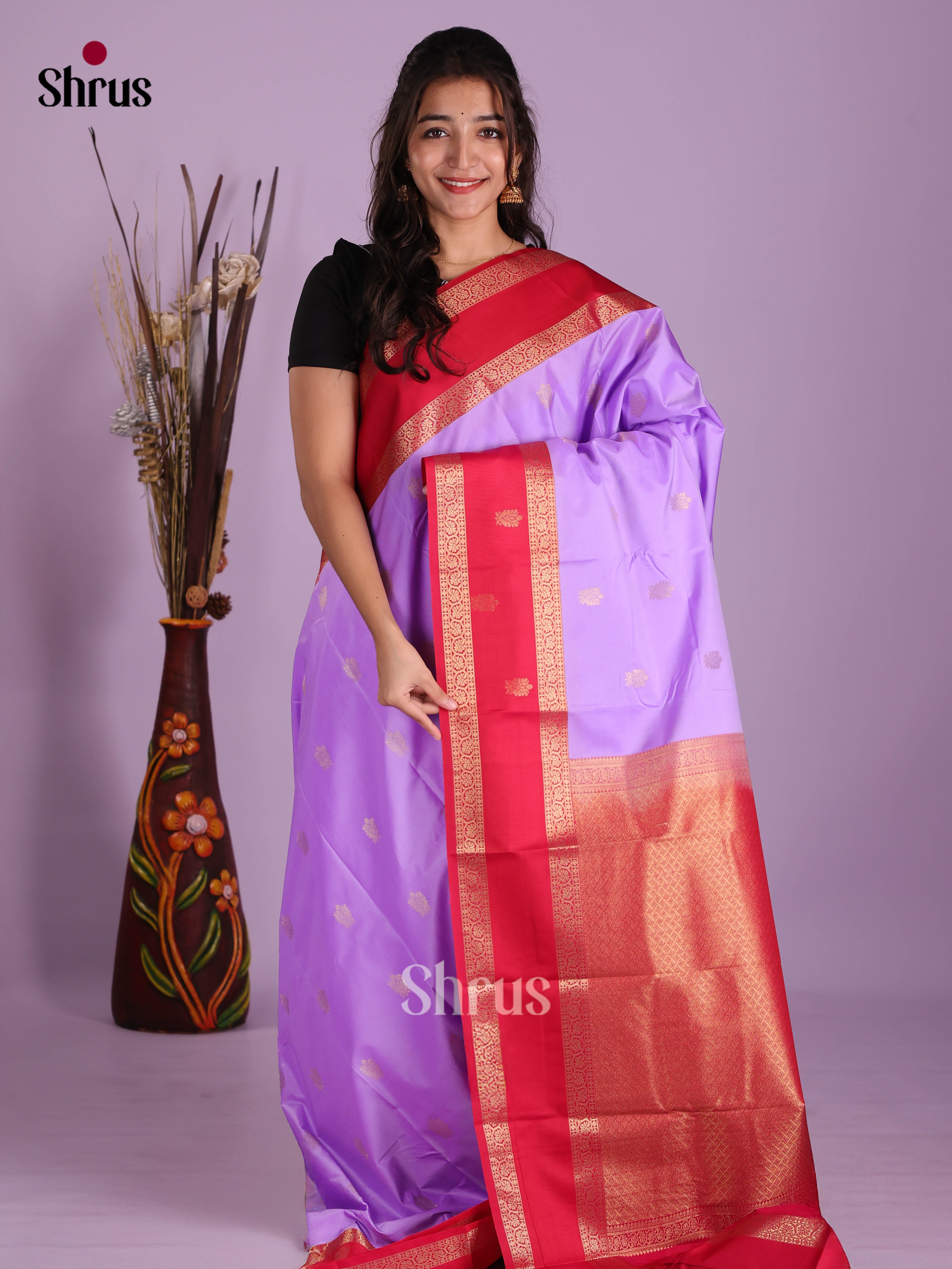 Lilac & Red- Semi Kanchipuram Saree - Shop on Shrus.com