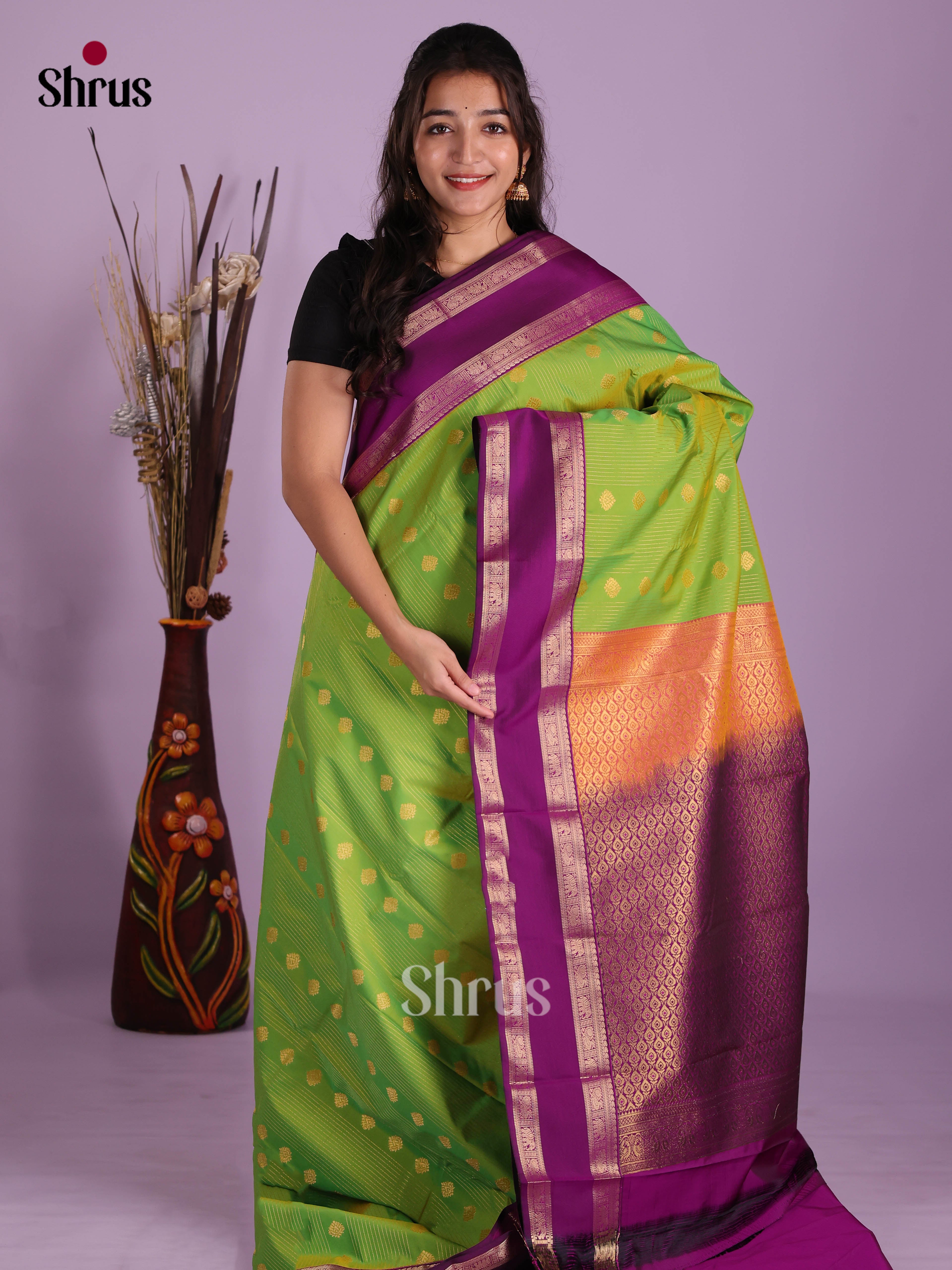Parrot Green & Violet - Semi Kanchipuram Saree - Shop on Shrus.com