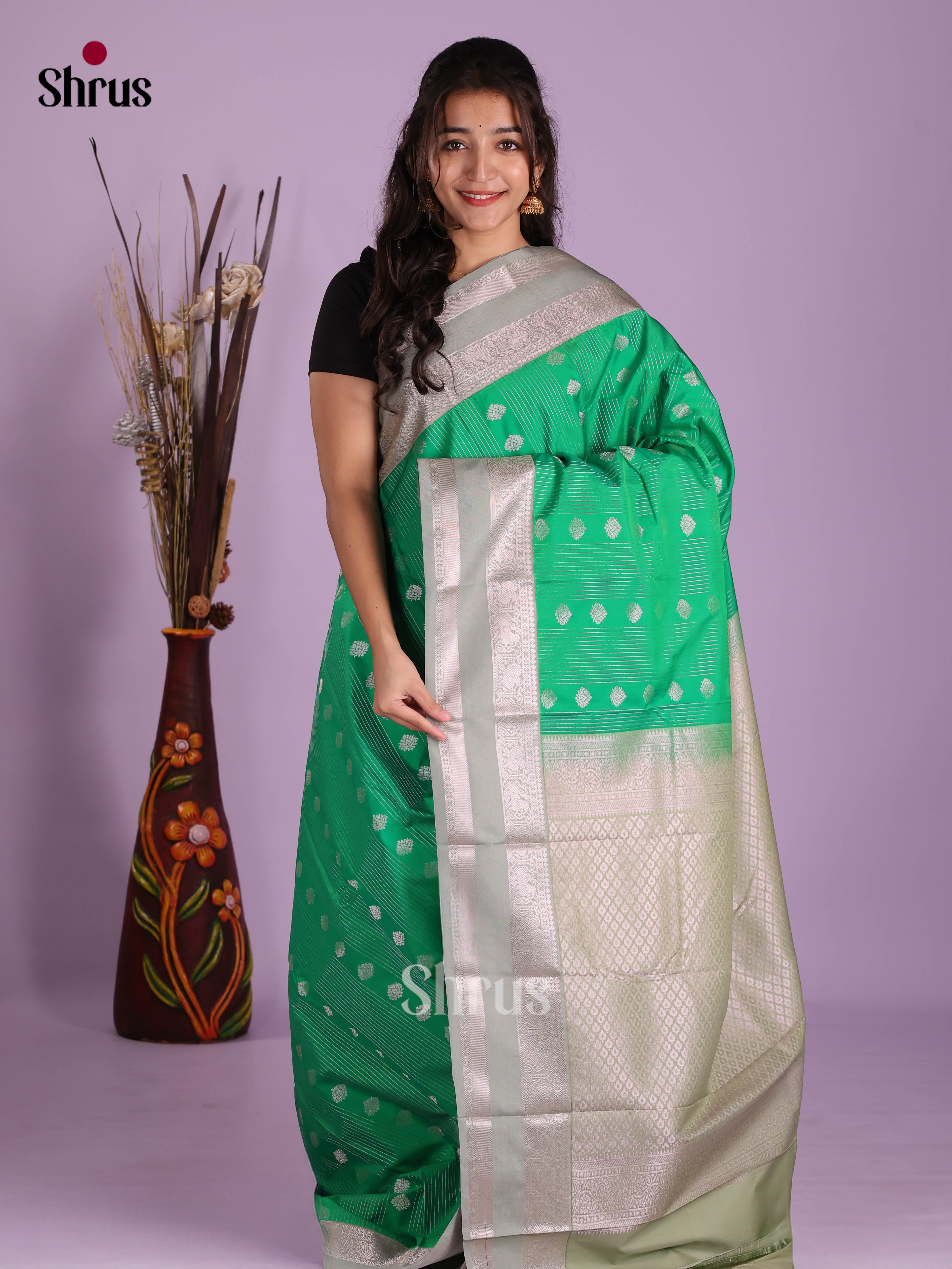 Green & Grey Green- Semi Kanchipuram Saree - Shop on Shrus.com
