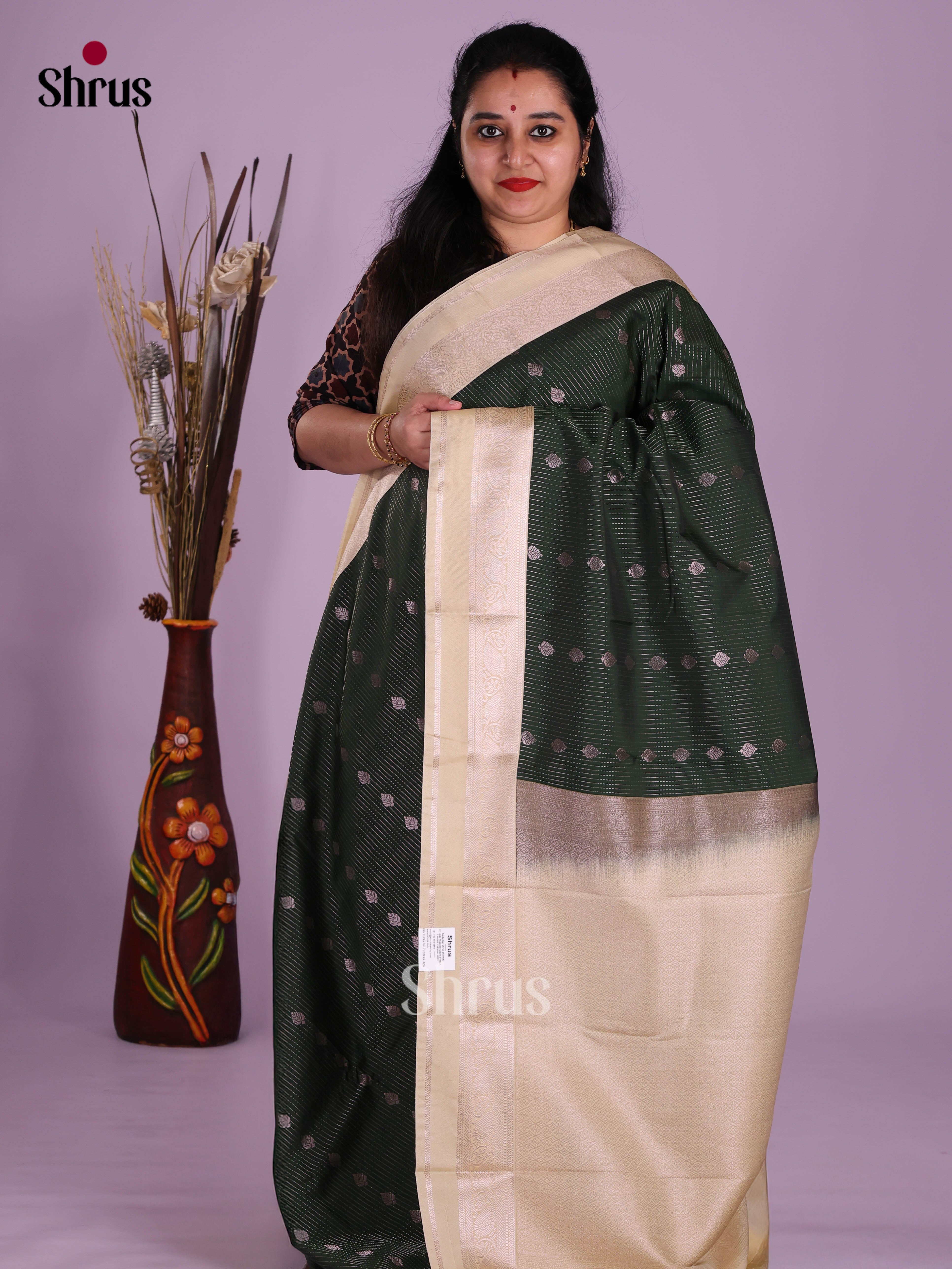 Dark Green & Cream - Semi Kanchipuram Saree