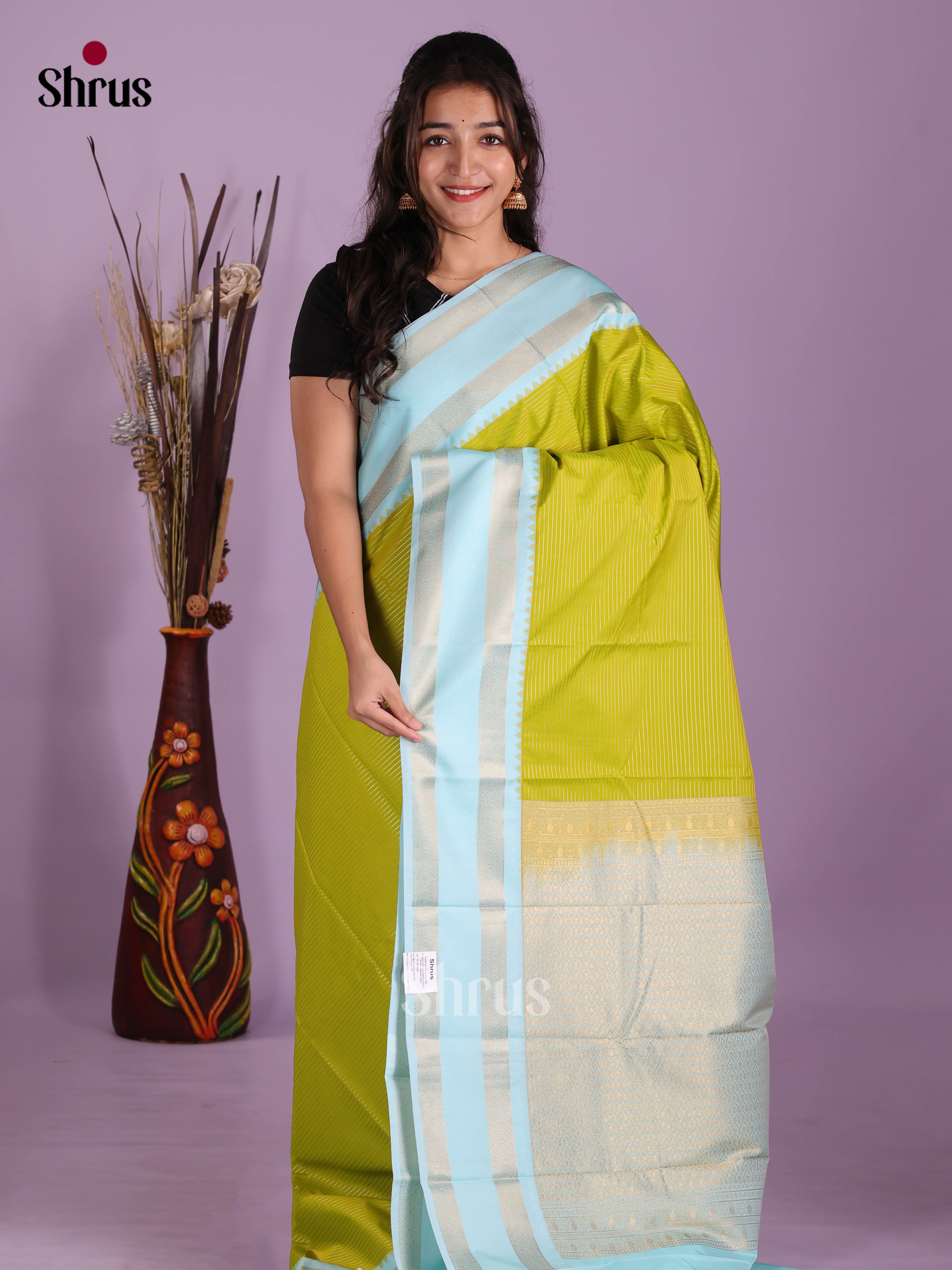 Lime Green & Blue- Semi Kanchipuram Saree - Shop on Shrus.com